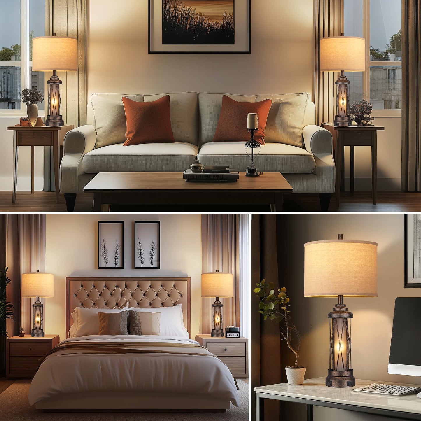 ROTTOGOON Farmhouse Table Lamps with USB A+C Charging Ports, Frosted Glass Lamp for Bedroom Living Room Entryway, Bulbs Included, Bronze