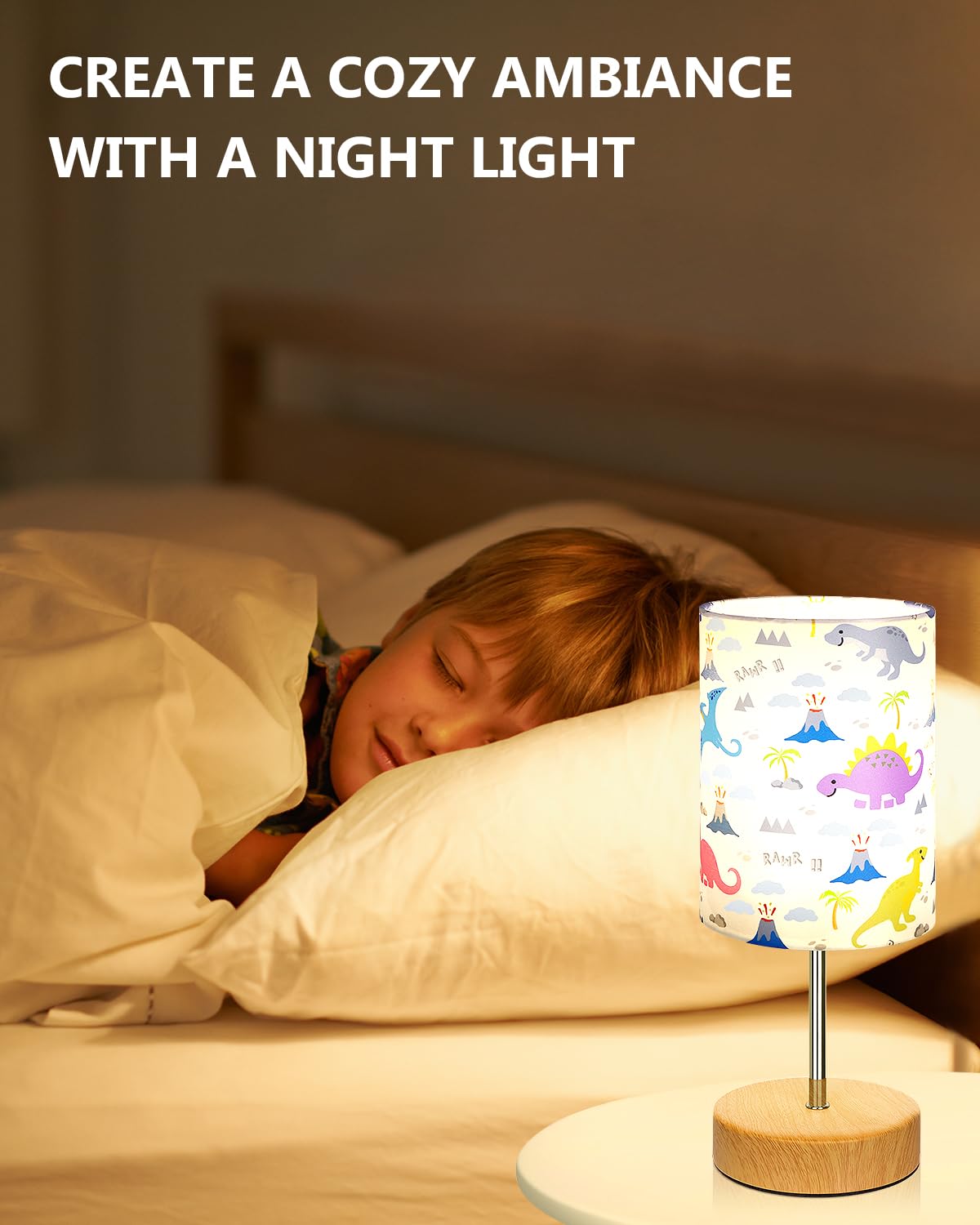 Bedside Table Lamp for Bedroom with Dinosaur Pattern Printed Shade 3-Way Dimmable Small Touch Lamp with Wood Base for Living Room, Desk, Dorm, Home Office (LED Bulb Included)