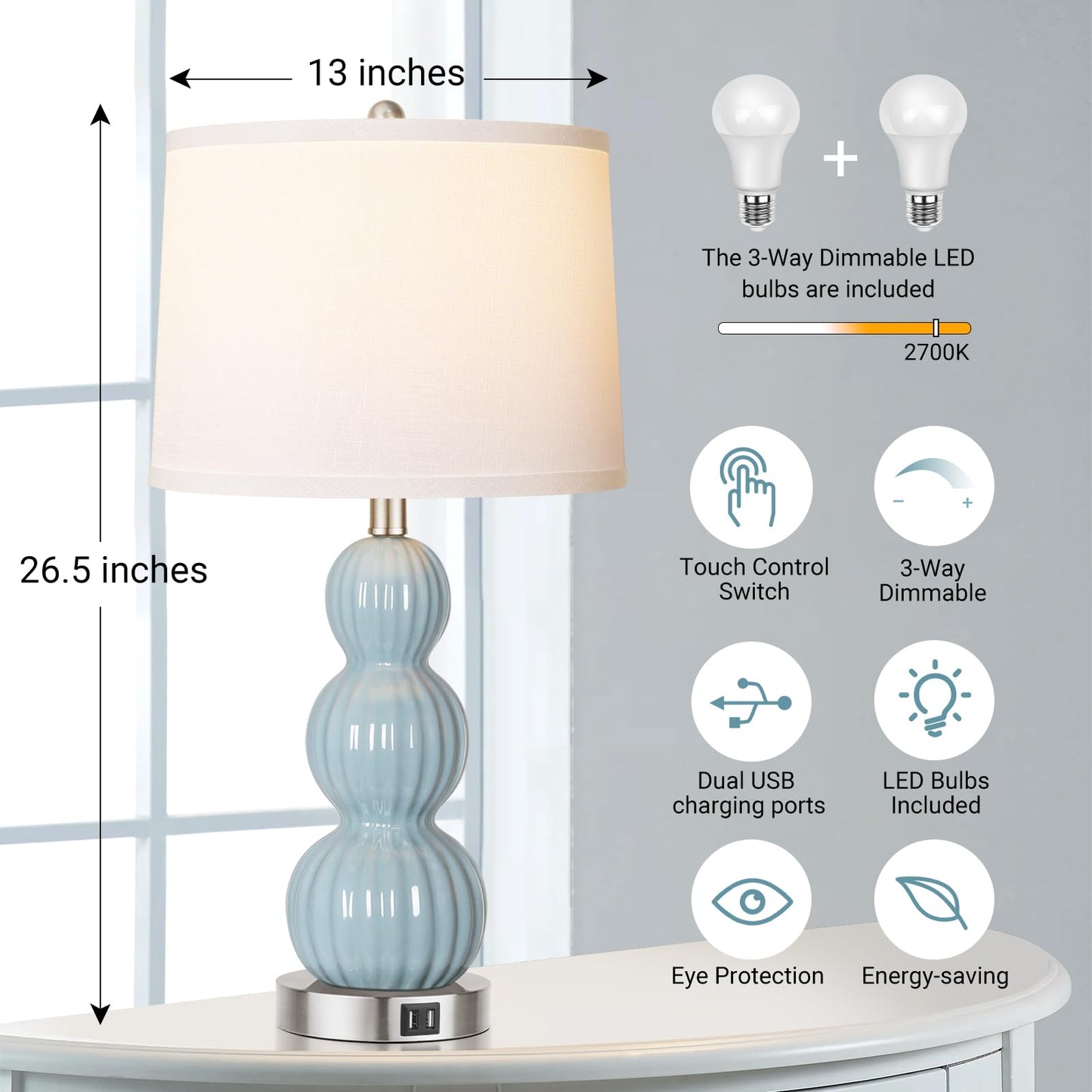 ROTTOGOON Table Lamps for Bedroom Set of 2, 26.5" Bedside Lamps for Living Room with USB Ports Touch Control, Modern Blue Ceramic Nightstand Lamp