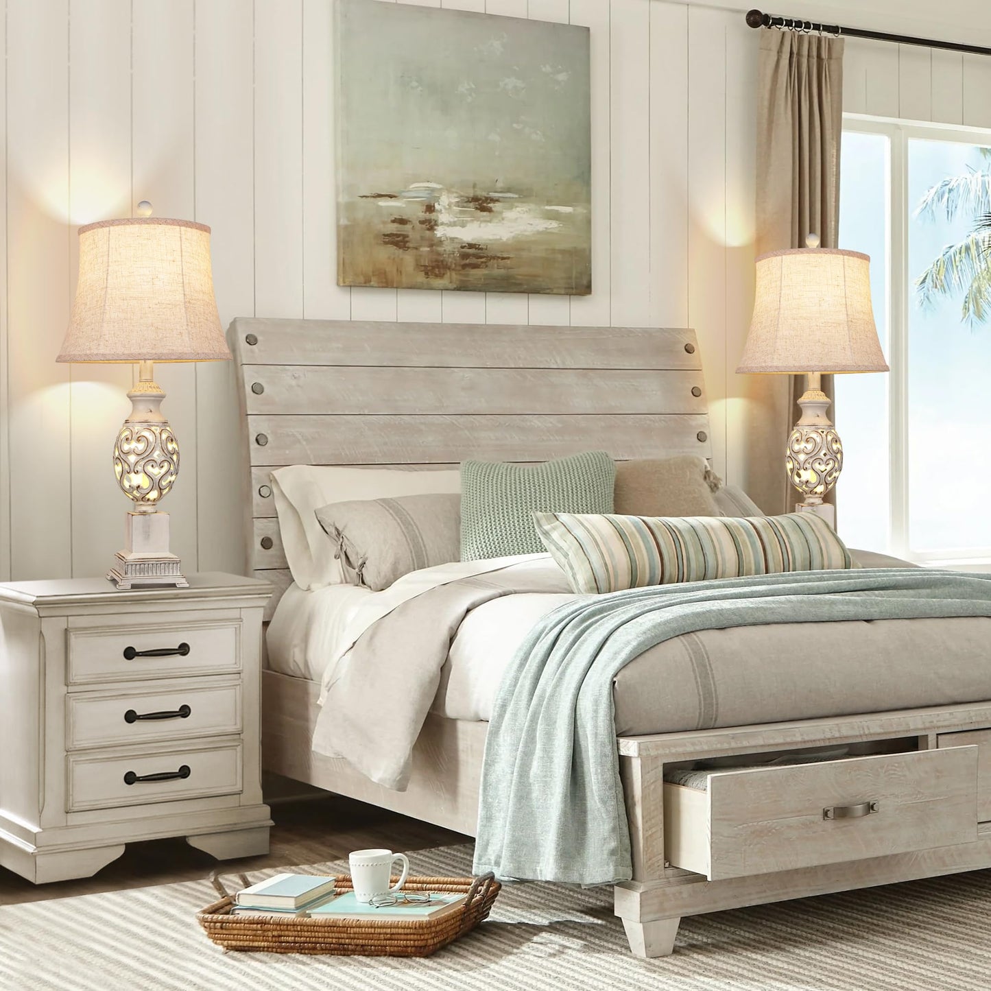 ROTTOGOON Table Lamps Set of 2, 28" Tall Bedside Lamp with Nightlight, Rustic Farmhouse Nightstand Lamps for Living Room Bedroom End Table