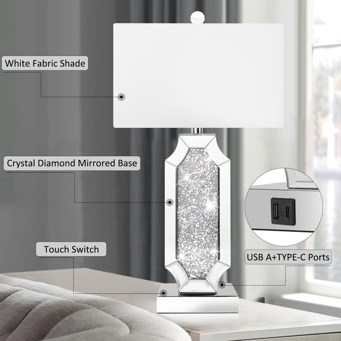 ROTTOGOON Dimmable Touch Diamond Crushed Mirrored Bedside Table Lamps with USB A+C Ports Set of 2, for Living Room Bedroom