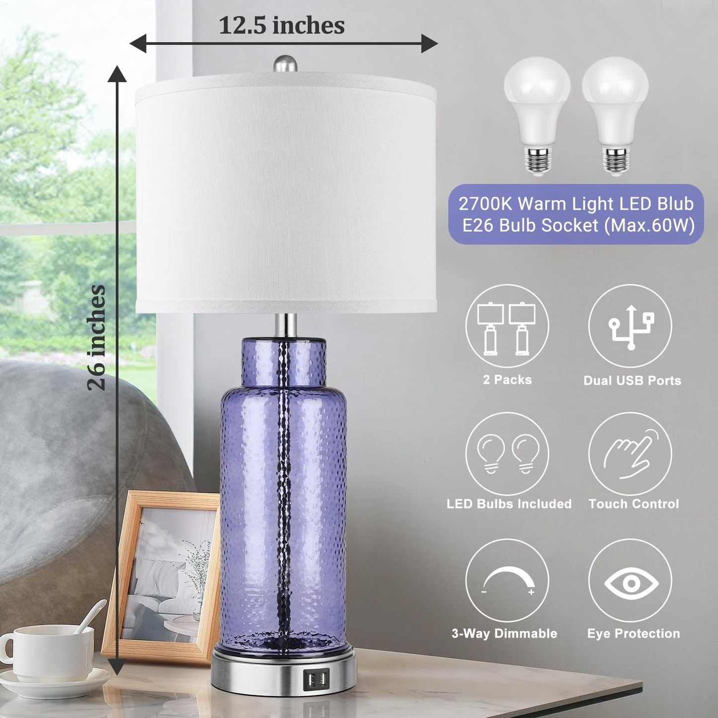 ROTTOGOON Table Lamps for Bedrooms Set of 2, 26" Modern Nightstand Lamp for Living Room with Touch Control USB Ports & White Shade Home Decor