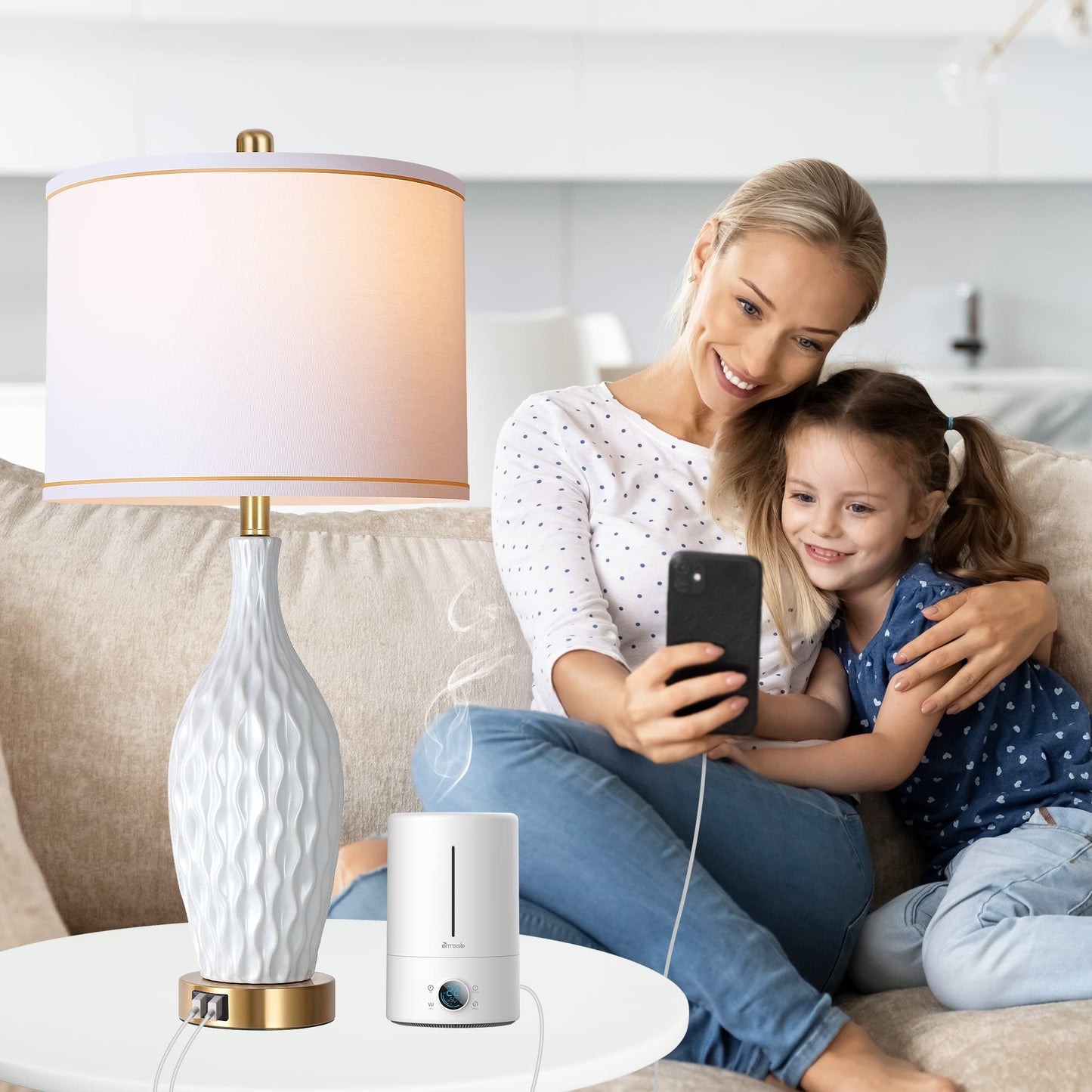 ROTTOGOON 27" White Ceramic Table Lamp Set of 2, 3-Way Dimmable Touch Control Bedside Lamps with USB Ports for Bedroom Living Room, Linen Shade