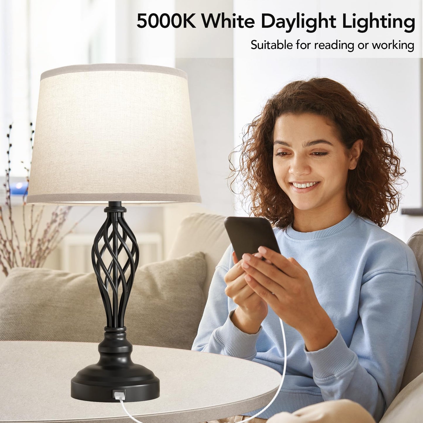 ROTTOGOON Set of 2 Table Lamps with USB Port, 3CCT Farmhouse Bedside Lamps, Nightstand Desk Lamps for Living Room, Home Bedroom, Study Room