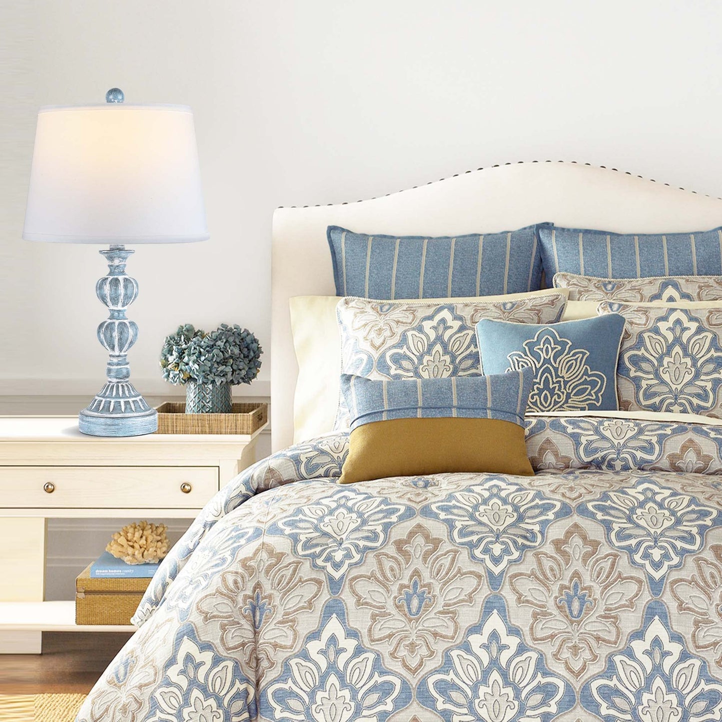 ROTTOGOON Touch Control Table Lamp Set of 2, 3-Way Dimmable Bedside Lamps with 2 USB Charging Ports for Living Room, Bedroom - Blue Washed White