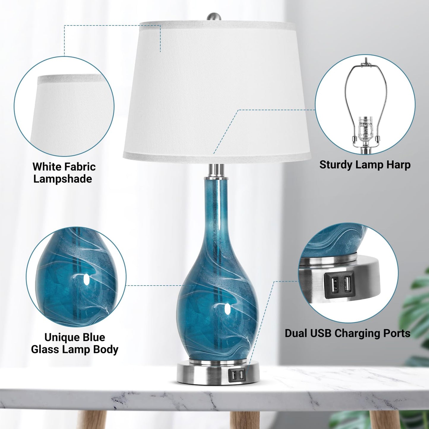 ROTTOGOON Table Lamps Set of 2 with 2 USB Ports, 25" 3CCT Coastal Nightstand Lamp with White Fabric Shade for Living Room, Bedroom