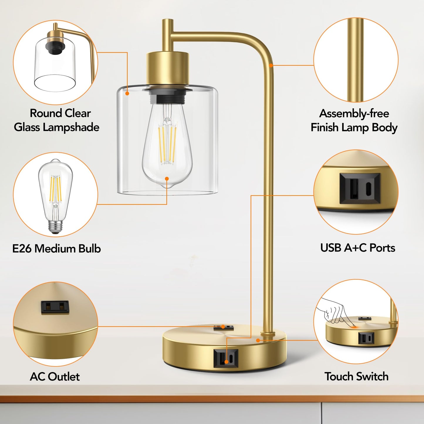 ROTTOGOON Touch Control Table Lamps Set of 2 with 2 USB Ports + 2 AC Outlets, Dimmable Bedside Nightstand Reading Lamps with 2700K LED Bulbs