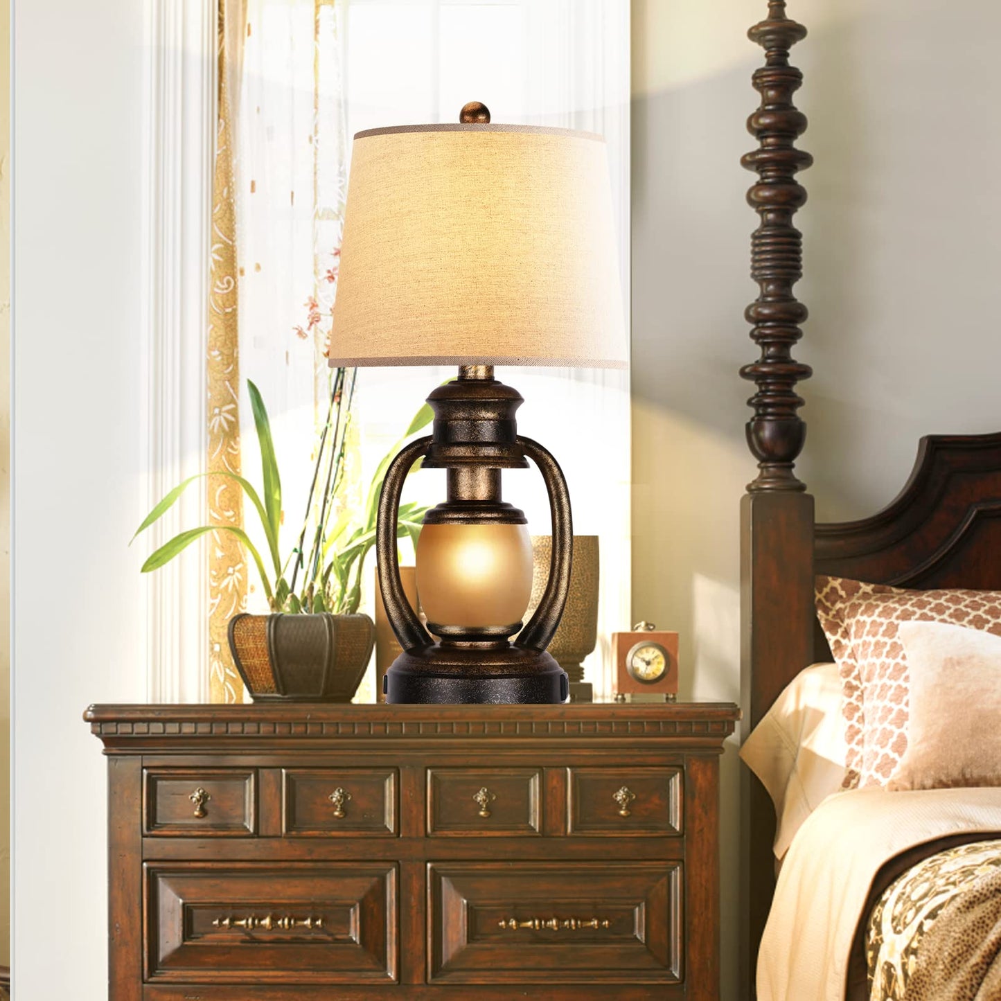 ROTTOGOON Rustic Table Lamps for Living Room Single Lantern Bedside Lamps with Oatmeal Tapered Drum Shades for Bedroom Nightstand Hotel