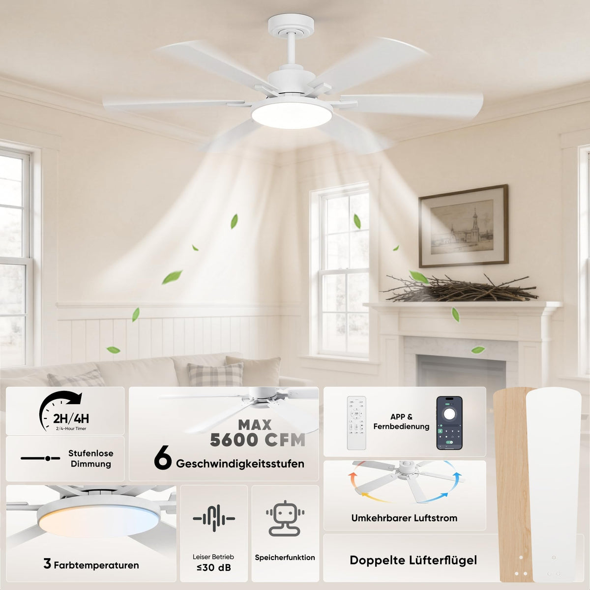 ROTTOGOON Deckenventilator mit Beleuchtung 132cm,Doppelseitige Flügeln,Weiß [Energieklasse F]