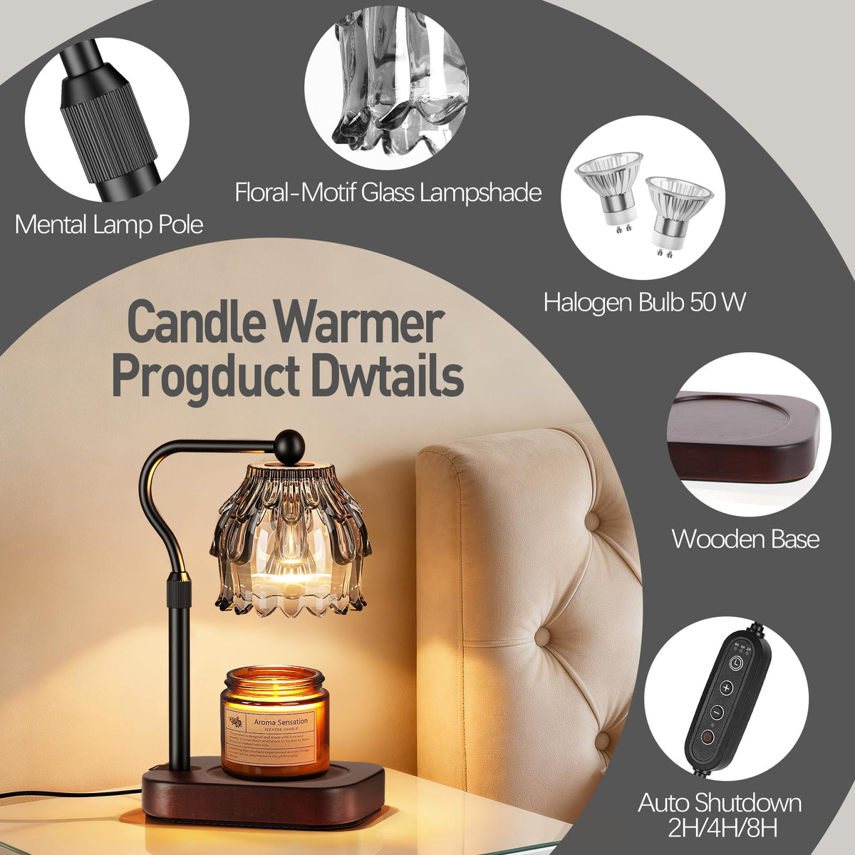 ROTTOGOON Candle Warmer Lamp Wax Melt Timer Dimmer Housewarming Gift, Grey