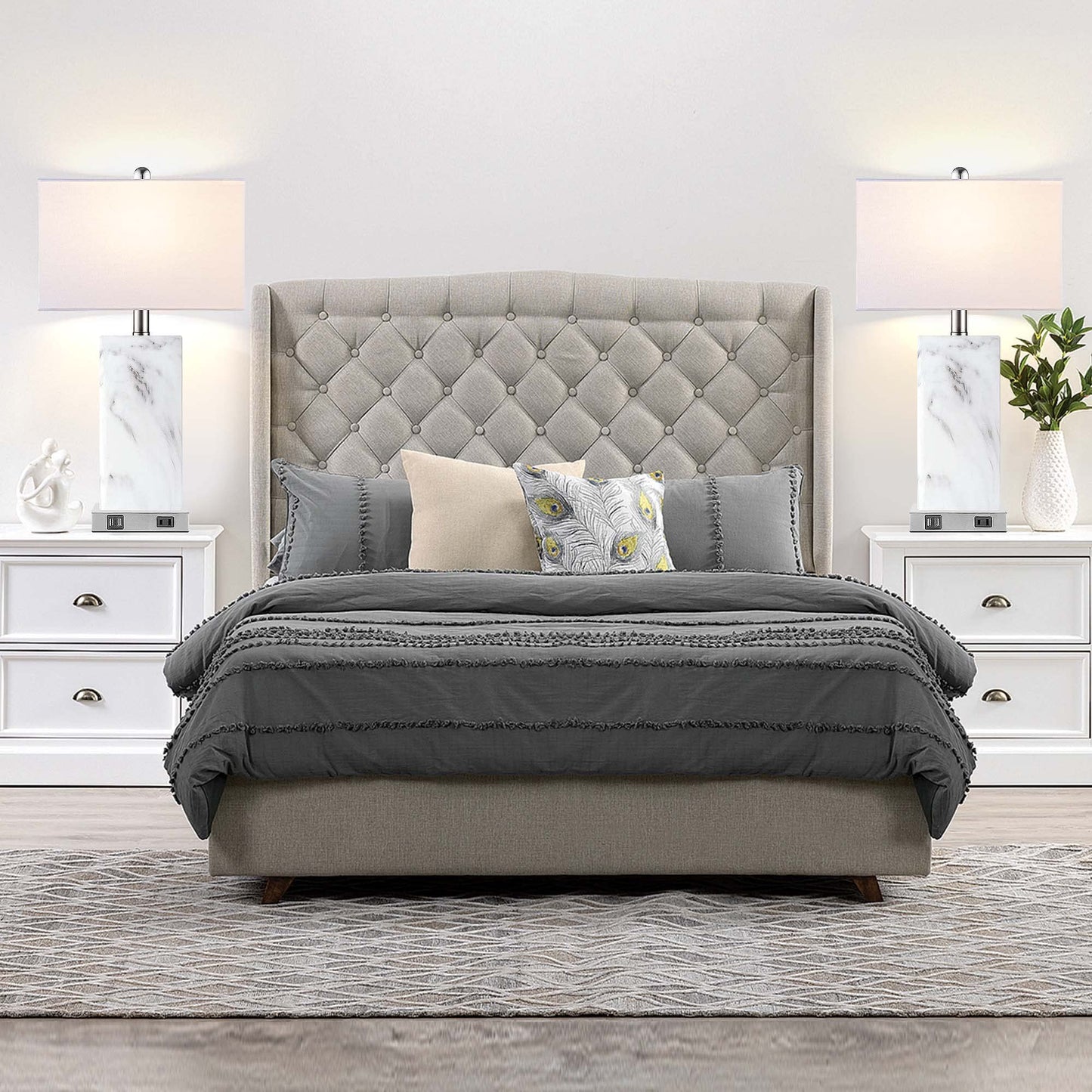 ROTTOGOON Touch Control Table Lamps Set of 2, Modern Ceramic Bedside Lamp with 2 USB Ports 1 AC Outlet, for Living Room Bedroom