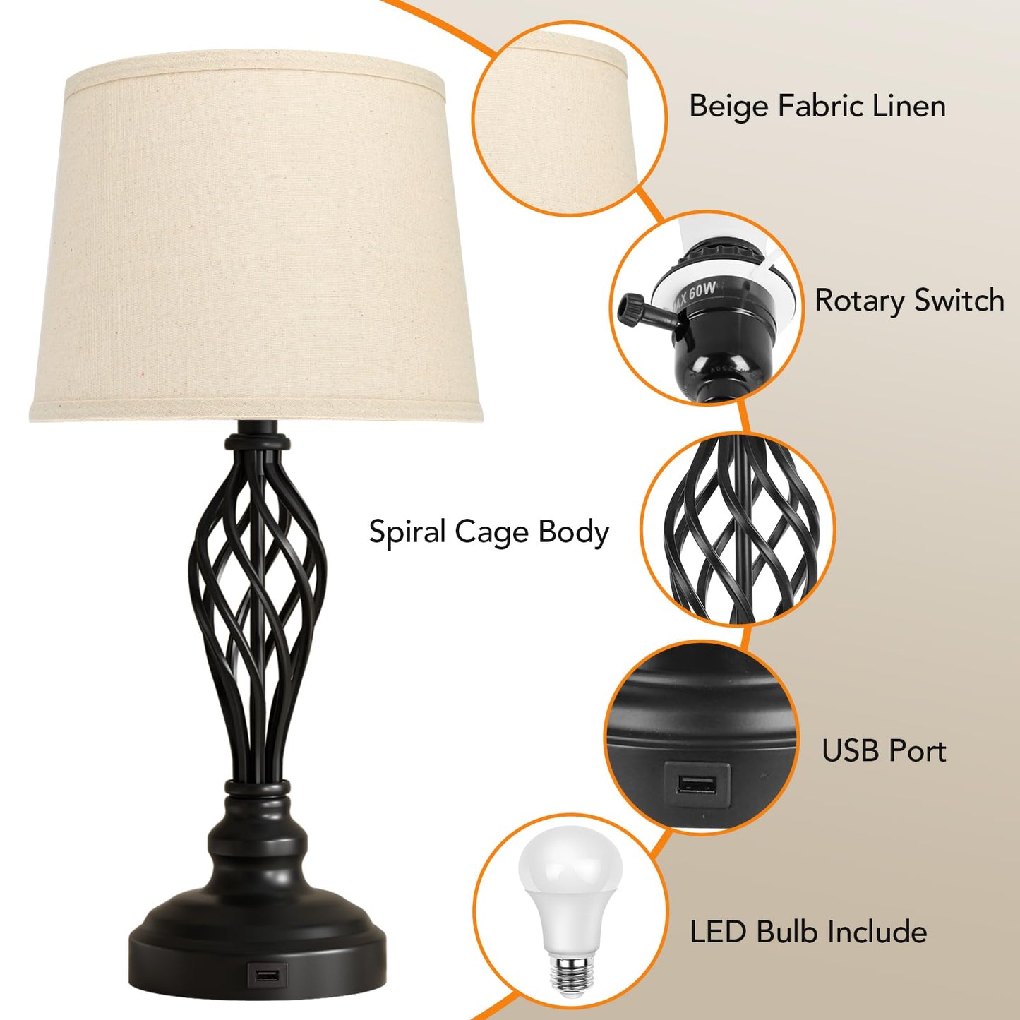 ROTTOGOON Set of 2 Table Lamps with USB Port, 3CCT Farmhouse Bedside Lamps, Nightstand Desk Lamps for Living Room, Home Bedroom, Study Room