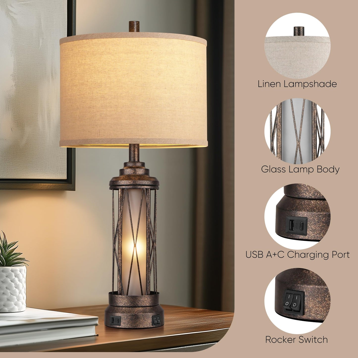 ROTTOGOON Farmhouse Table Lamps with USB A+C Charging Ports, Frosted Glass Lamp for Bedroom Living Room Entryway, Bulbs Included, Bronze