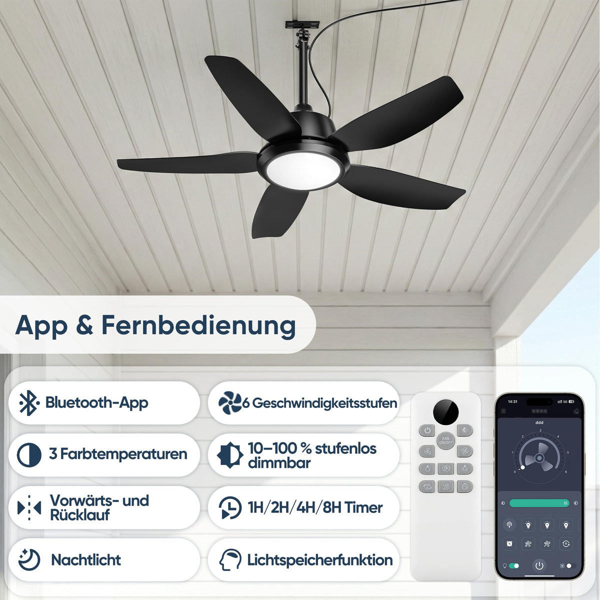 ROTTOGOON 106cm Deckenventilator mit Beleuchtung und Fernbedienung, IP65 [Energieklasse E]