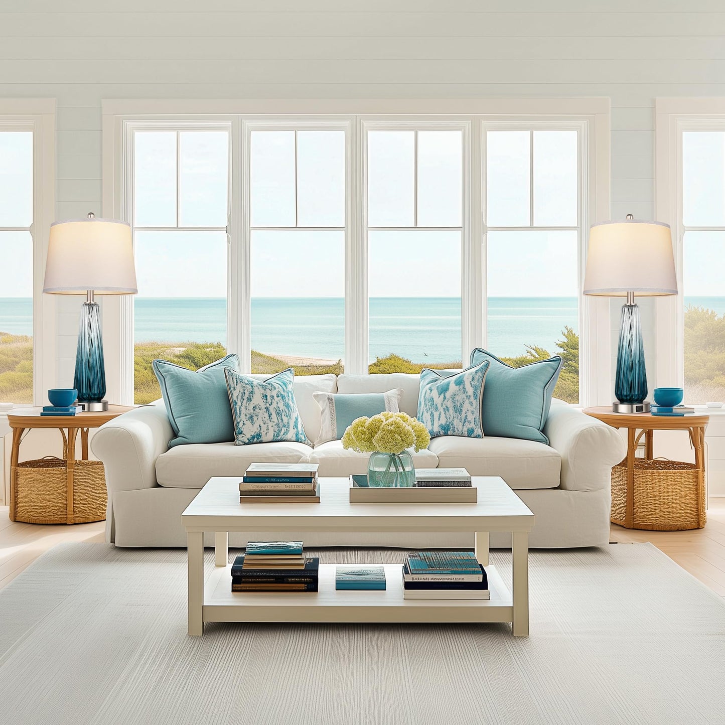 ROTTOGOON Glass Table Lamps for Living Room with USB A+C Ports, Dimmable Touch Control Nightstand Lamp, Bedrooms Decor, Blue, 2 Pack