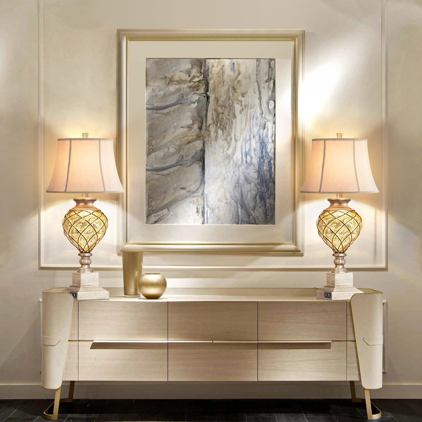 ROTTOGOON 29” Tall Table Lamps Set of 2 for Living Room with Lantern Nightlight,Traditional Bedroom Silver Mercury Glass Lamps for Nightstand, Bedside