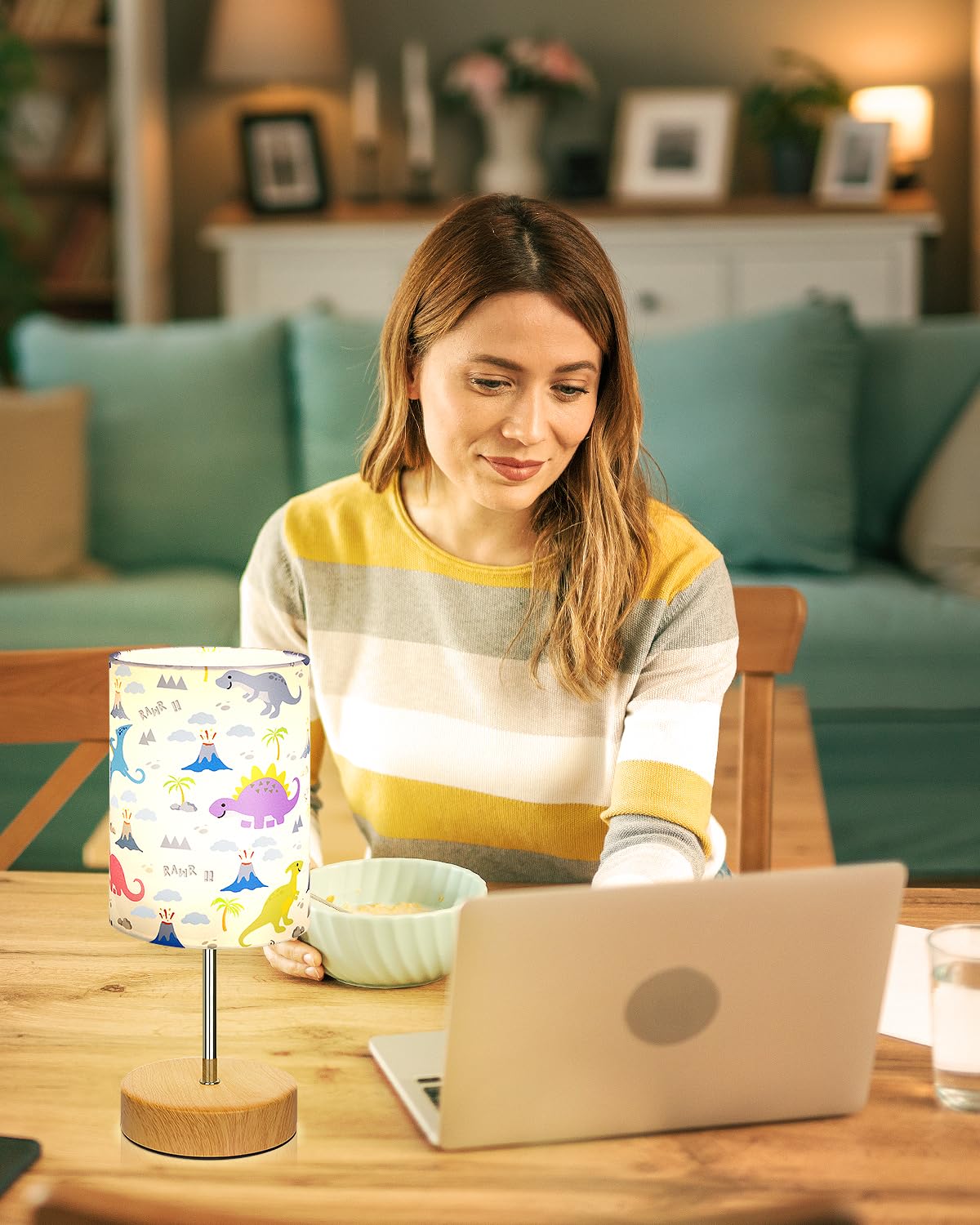 Bedside Table Lamp for Bedroom with Dinosaur Pattern Printed Shade 3-Way Dimmable Small Touch Lamp with Wood Base for Living Room, Desk, Dorm, Home Office (LED Bulb Included)