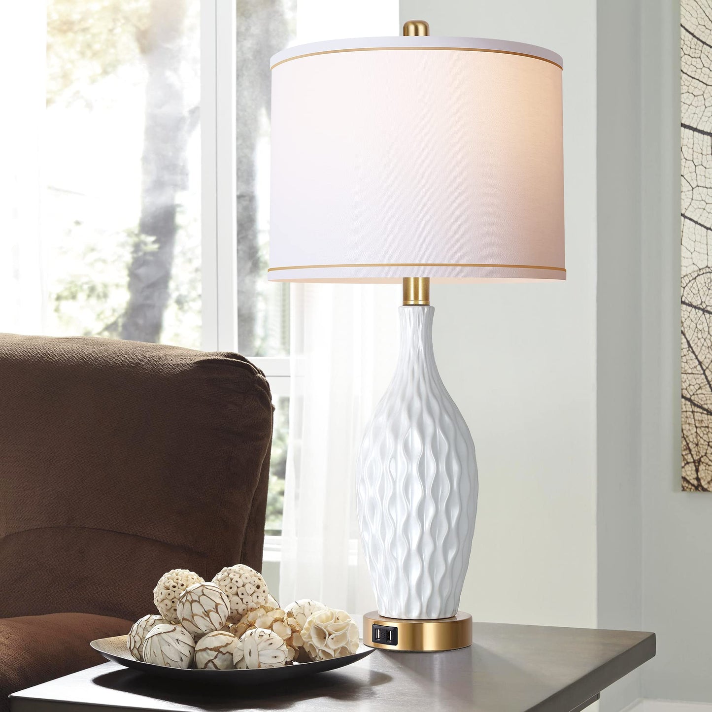 ROTTOGOON 27" White Ceramic Table Lamp Set of 2, 3-Way Dimmable Touch Control Bedside Lamps with USB Ports for Bedroom Living Room, Linen Shade