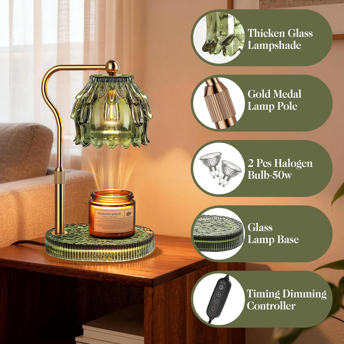 Candle Warmer Lamp with 2 Bulbs, Timer, Dimmer, House Gifts for Mom, Green