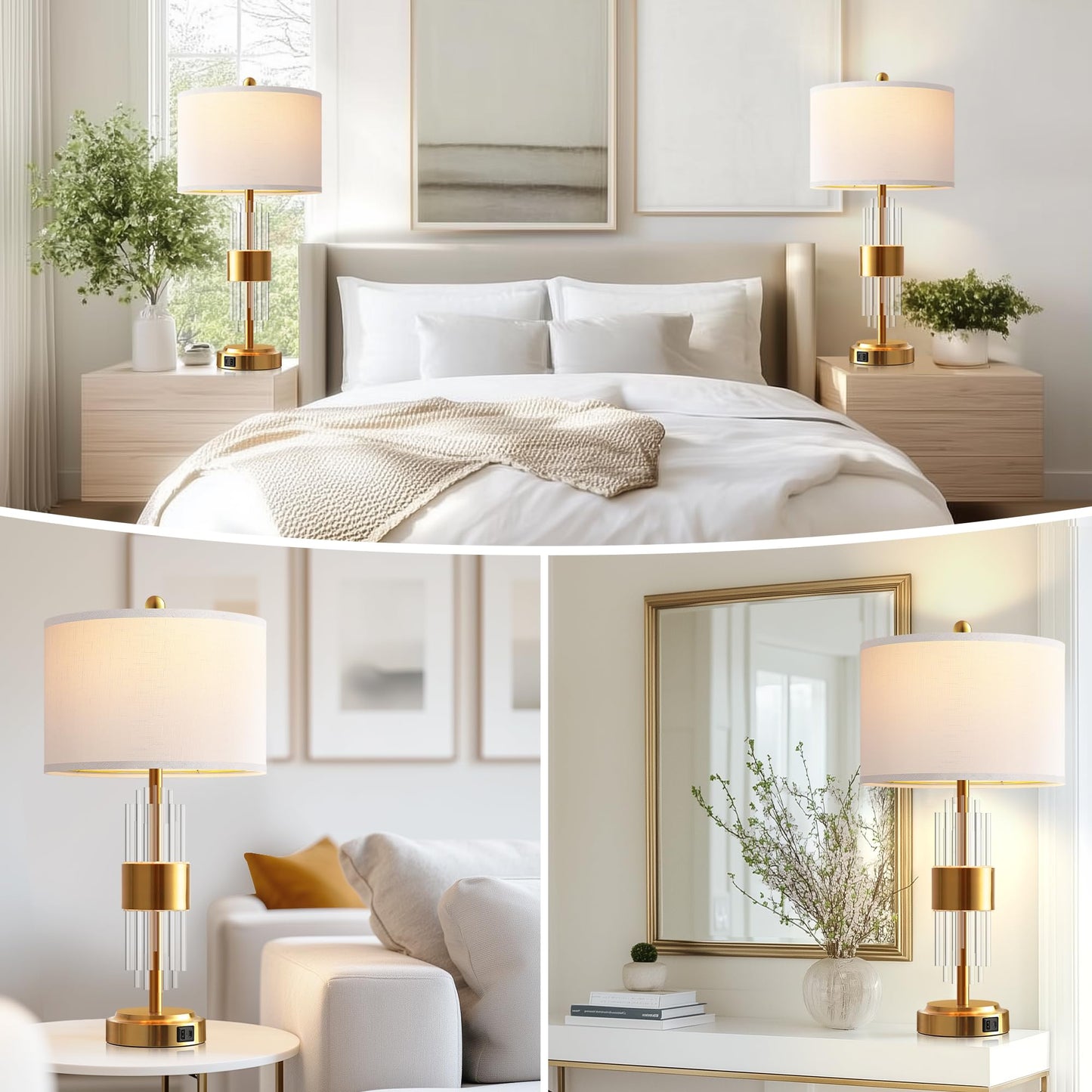 ROTTOGOON Table Lamp Set of 2 for Living Room with USB A+C Ports, Gold Bedside Lamps for Bedrooms Home Office Decor (2700K LED Bulb Included)