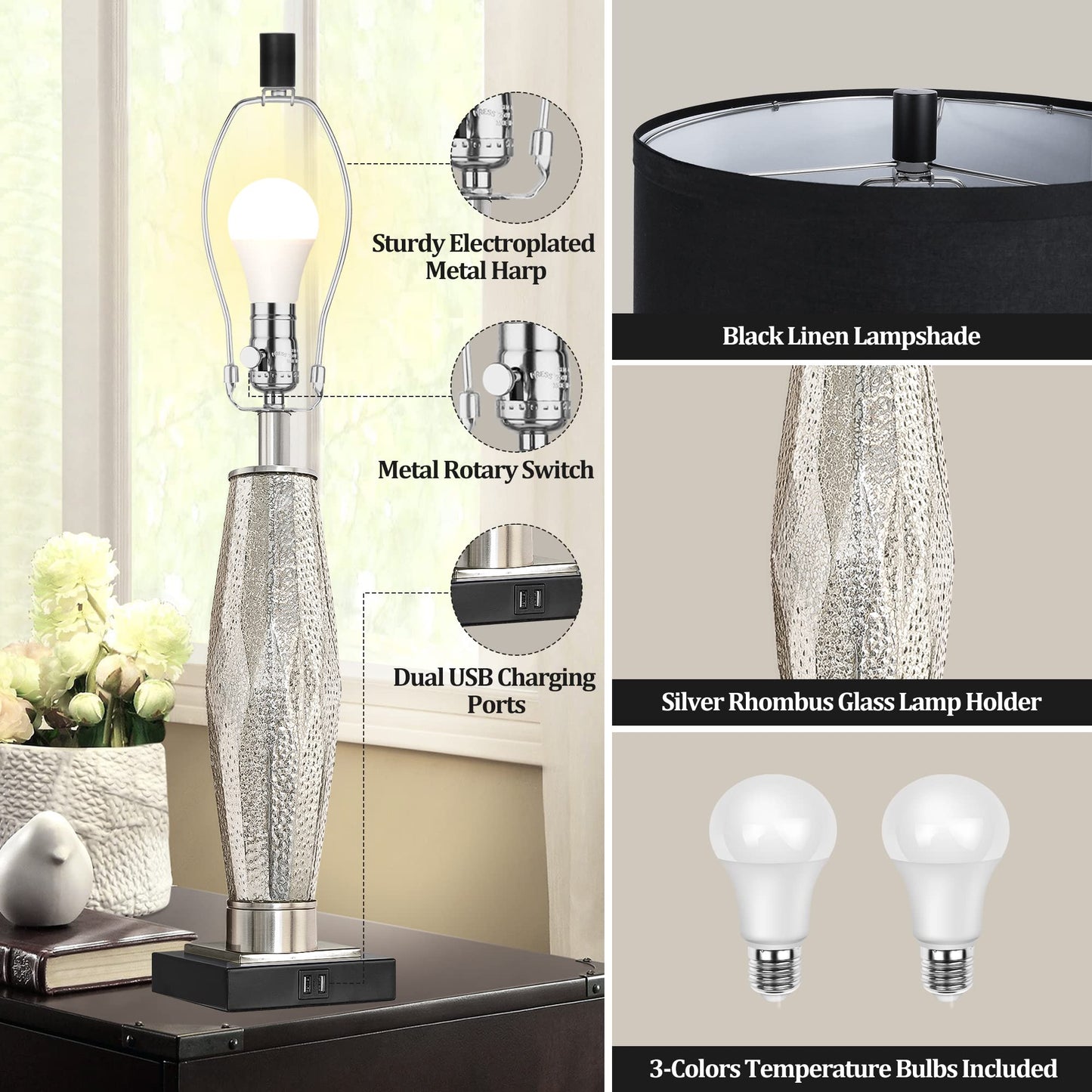 ROTTOGOON Table Lamps Set of 2 with USB Charging Ports & Rotary Switches, Modern Glass Beside Lamps for Living Room Nightstand Home Decor, Black