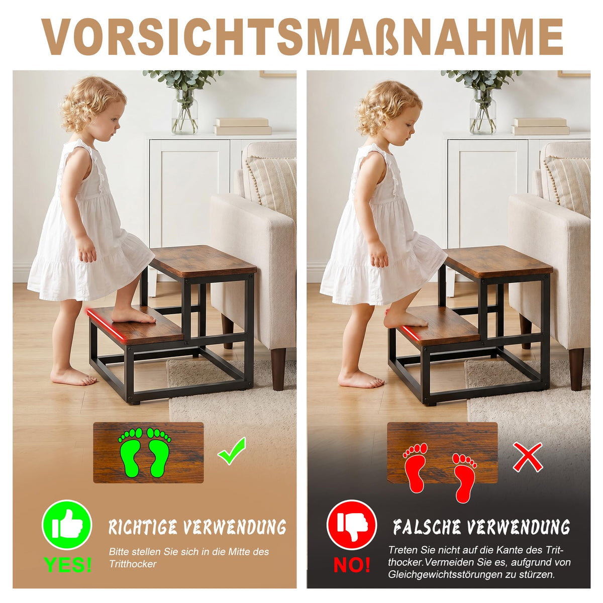 ROTTOGOON 2 Stufiger Tritthocker Holz für Erwachsene Kinder, Anti-Rutsch