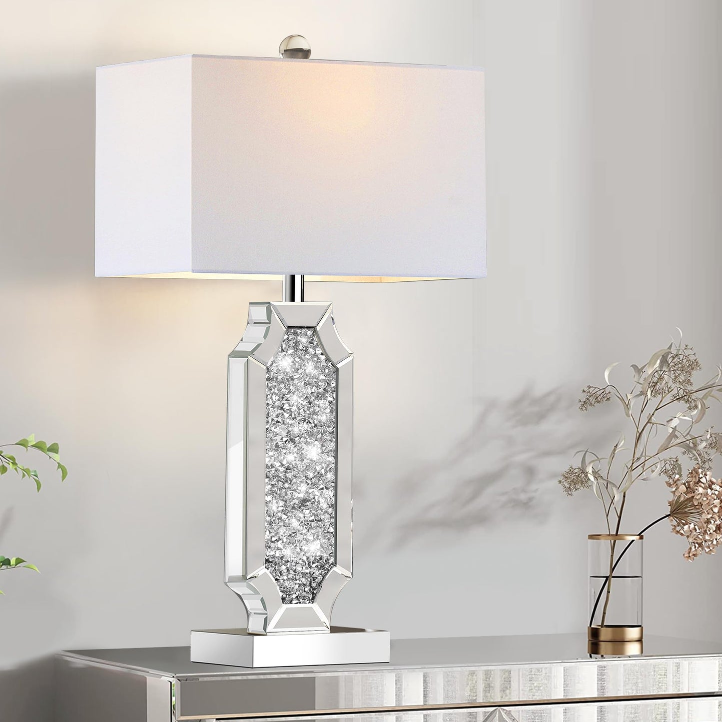 ROTTOGOON Dimmable Touch Diamond Crushed Mirrored Bedside Table Lamps with USB A+C Ports Set of 2, for Living Room Bedroom