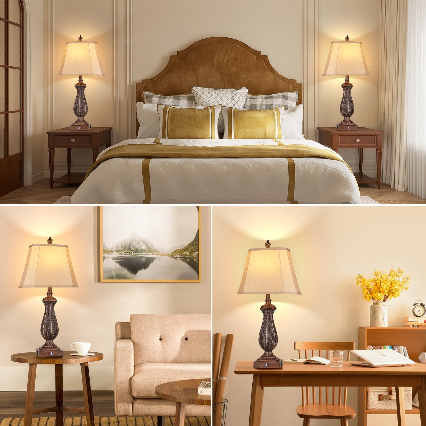 ROTTOGOON Table Lamps Set of 2, Touch Resin Mermaid Lamps with USB & Type-C Ports, for Nightstand Bedside Living Room, Brown