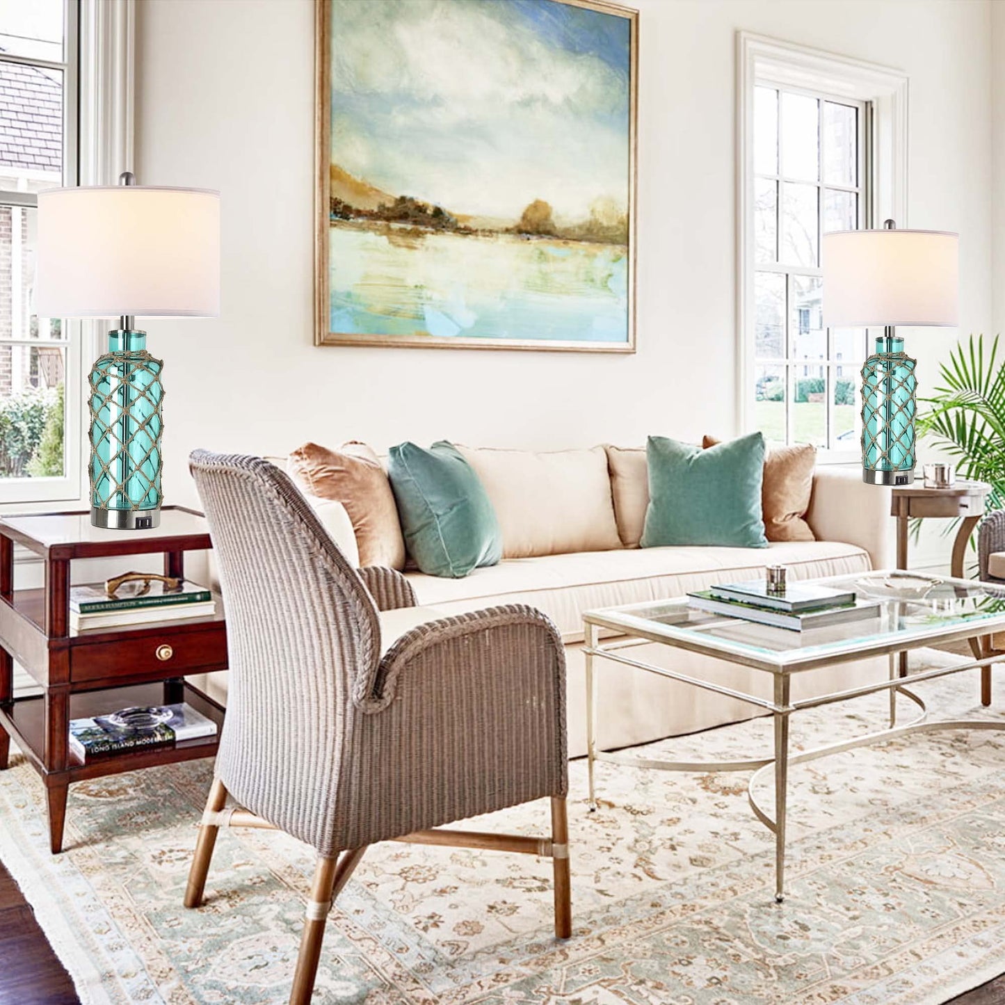 ROTTOGOON Cottage Nautical Accent Table Lamp Set of 2, Touch Control Bedside Lamp with 2 USB Ports & White Shade for Living Room, Bedroom