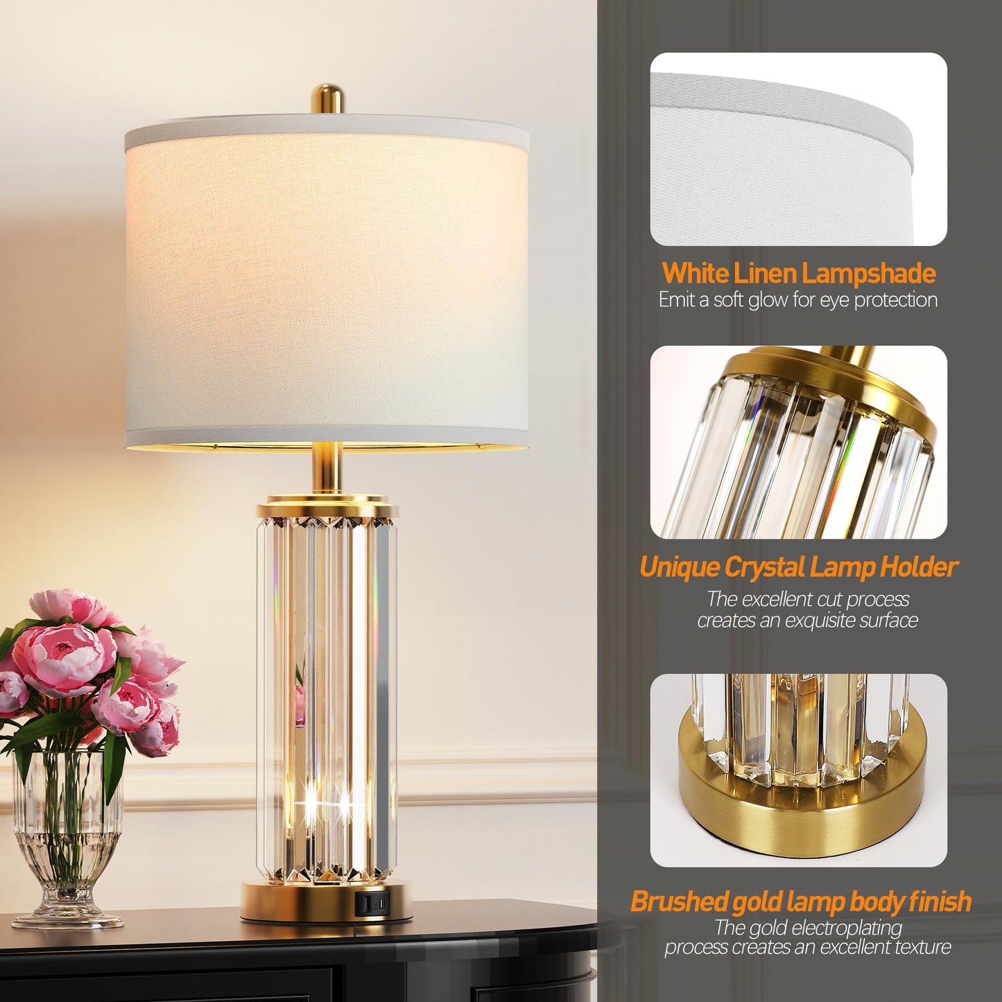 ROTTOGOON Gold Table Lamps for Bedroom Set of 2 with Nightlight, Modern Bedside Lamp with 2 USB A+C Charging Port, LED Bulbs Included