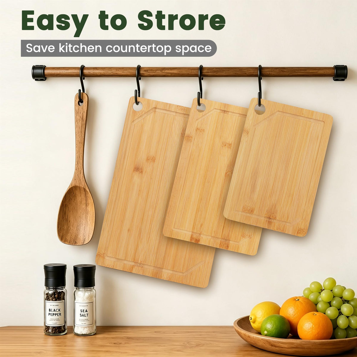 Rottogoon 3 Piece Bamboo Chopping Board Set- Large, Medium, & Small Sizes