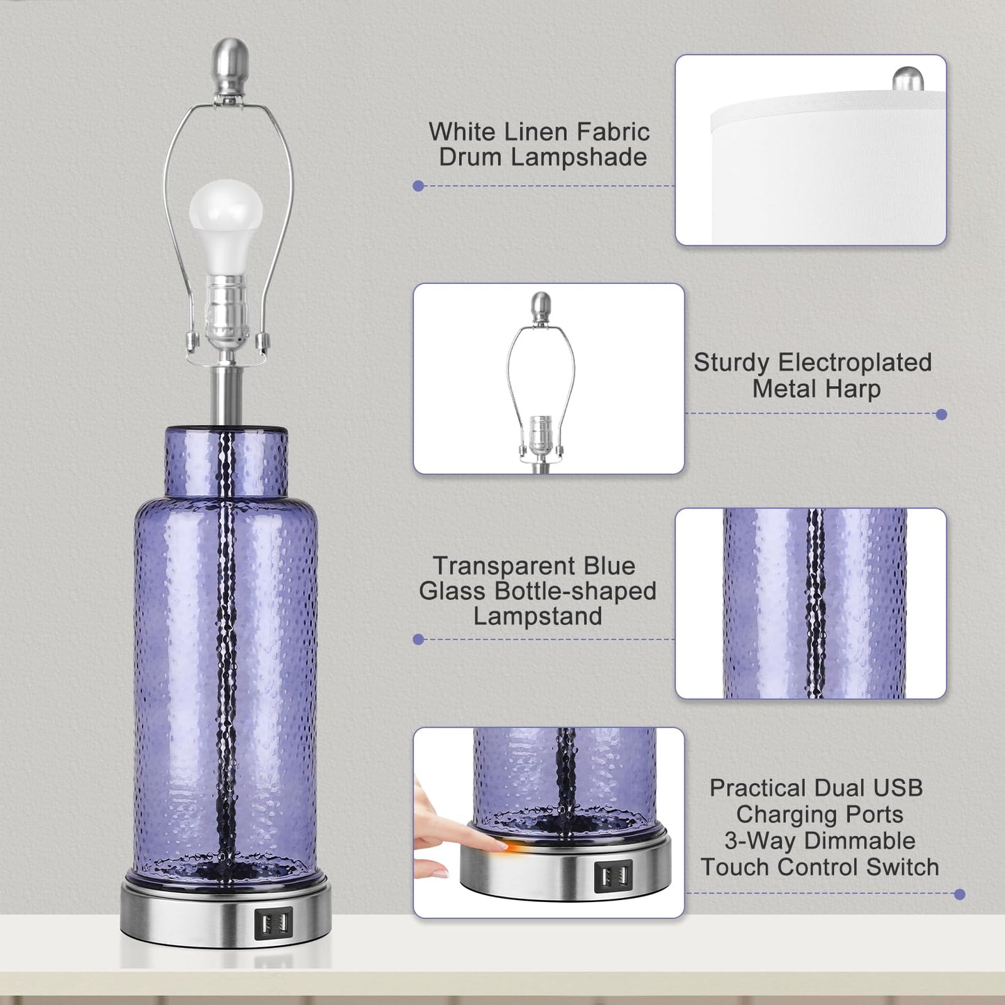 ROTTOGOON Table Lamps for Bedrooms Set of 2, 26" Modern Nightstand Lamp for Living Room with Touch Control USB Ports & White Shade Home Decor