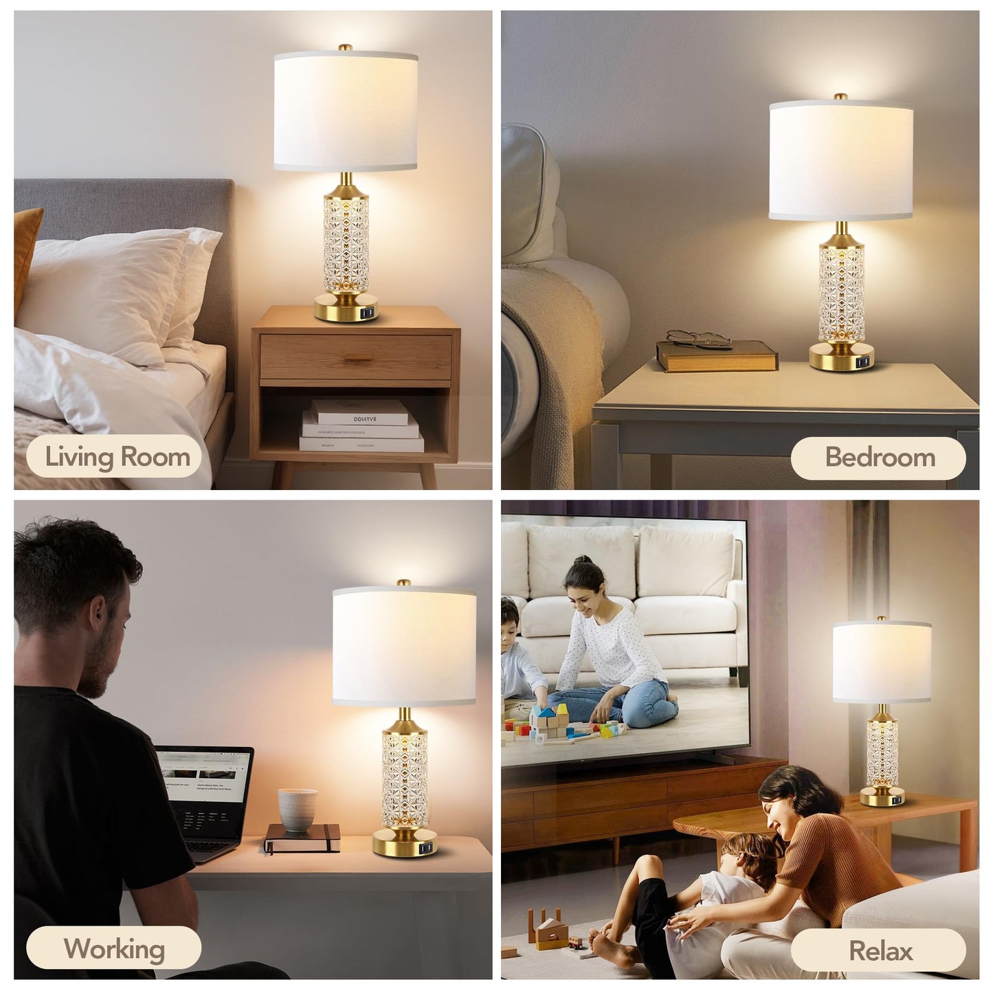 ROTTOGOON Set of 2 Table Lamps with USB Ports, Modern Bedside Lamp with LED Night Light for Bedroom, Nightstand Lamps for Living Room Office