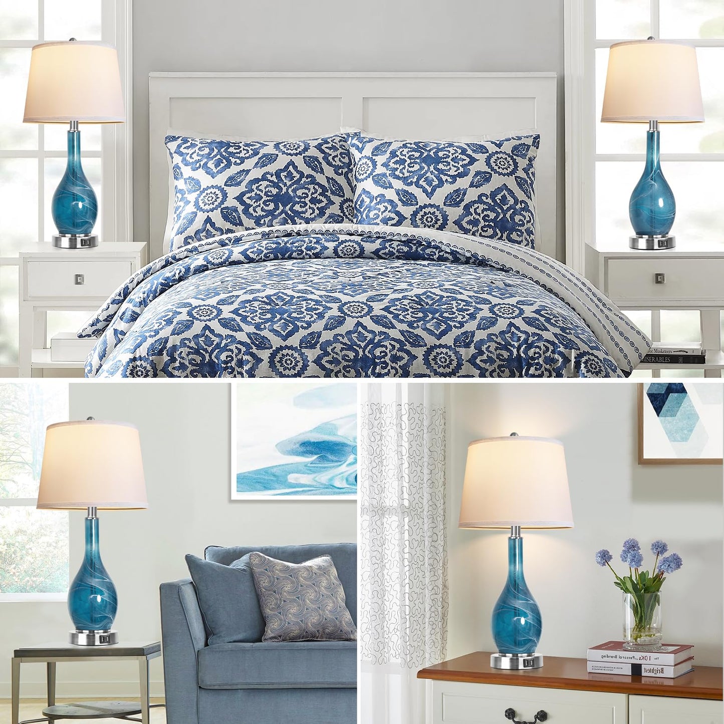 ROTTOGOON Table Lamps Set of 2 with 2 USB Ports, 25" 3CCT Coastal Nightstand Lamp with White Fabric Shade for Living Room, Bedroom