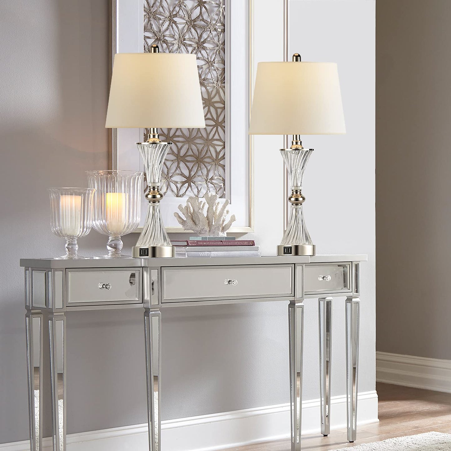 ROTTOGOON Touch Control Table Lamp for Bedrooms 3 Way Dimmable White Drum Shade Nightstand lamp Set of 2 with 2 USB Charging Port(Bulbs Included)