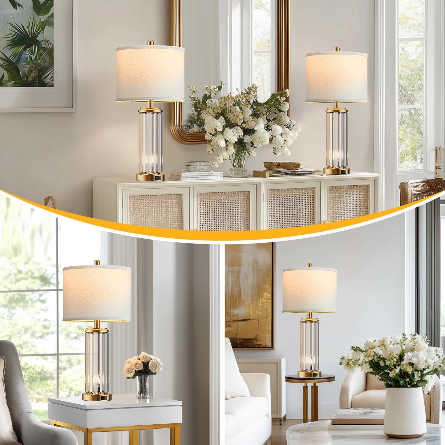 ROTTOGOON Gold Table Lamps for Bedroom Set of 2 with Nightlight, Modern Bedside Lamp with 2 USB A+C Charging Port, LED Bulbs Included