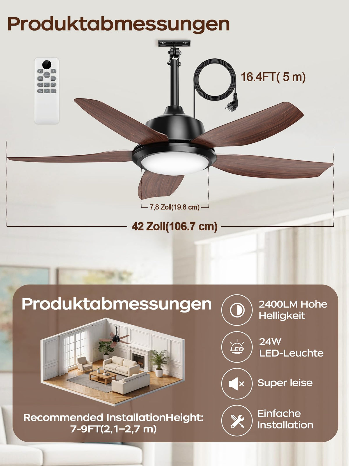 ROTTOGOON Outdoor Deckenventilator mit Beleuchtung 106cm, IP65, 5 Flüge [Energieklasse E]