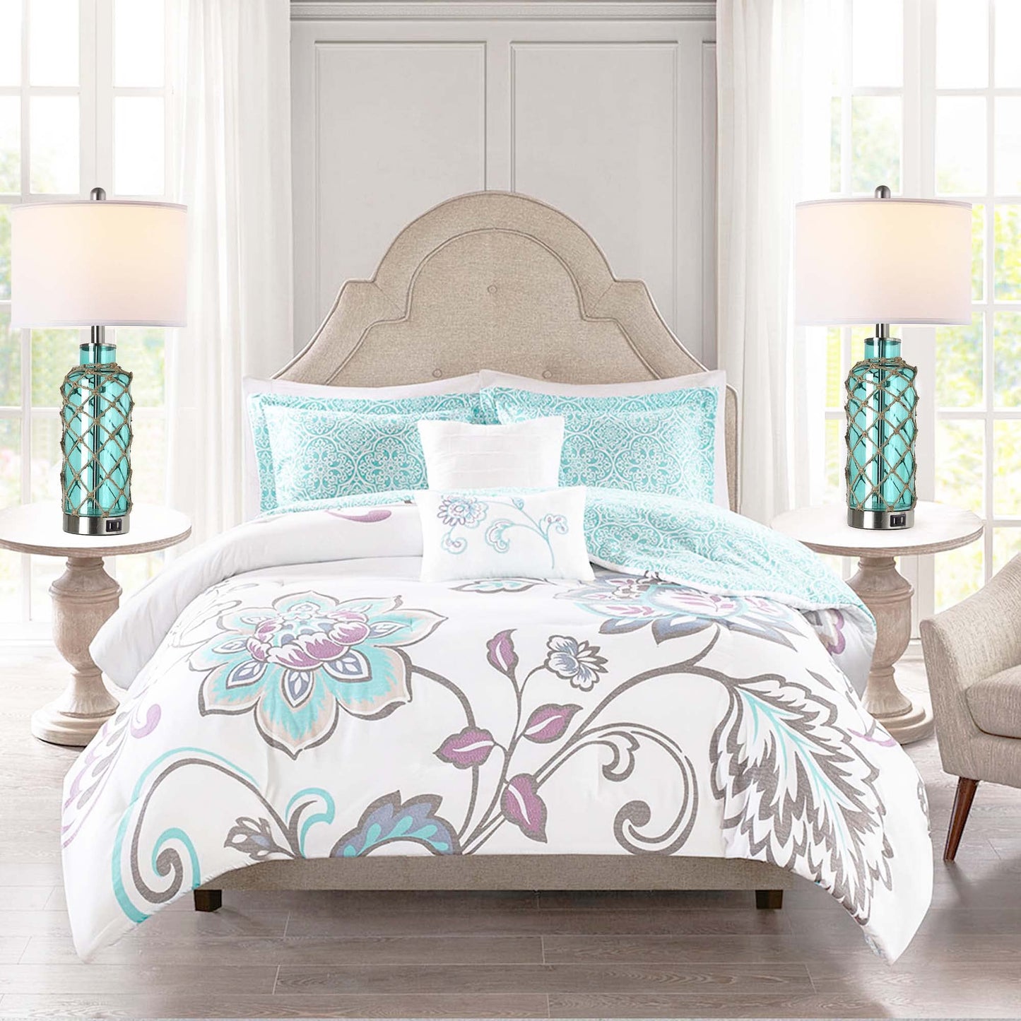 ROTTOGOON Cottage Nautical Accent Table Lamp Set of 2, Touch Control Bedside Lamp with 2 USB Ports & White Shade for Living Room, Bedroom