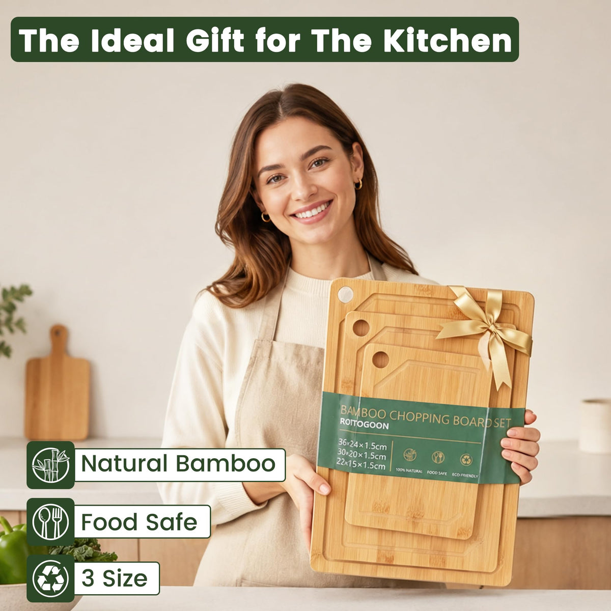 Rottogoon 3 Piece Bamboo Chopping Board Set- Large, Medium, & Small Sizes