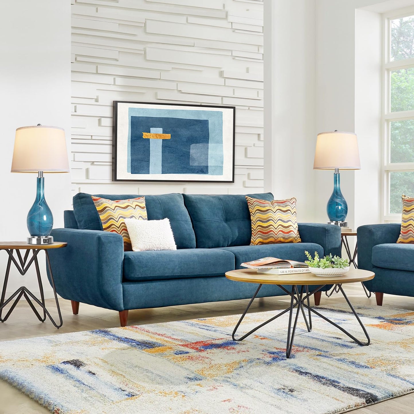 ROTTOGOON Table Lamps Set of 2 with 2 USB Ports, 25" 3CCT Coastal Nightstand Lamp with White Fabric Shade for Living Room, Bedroom