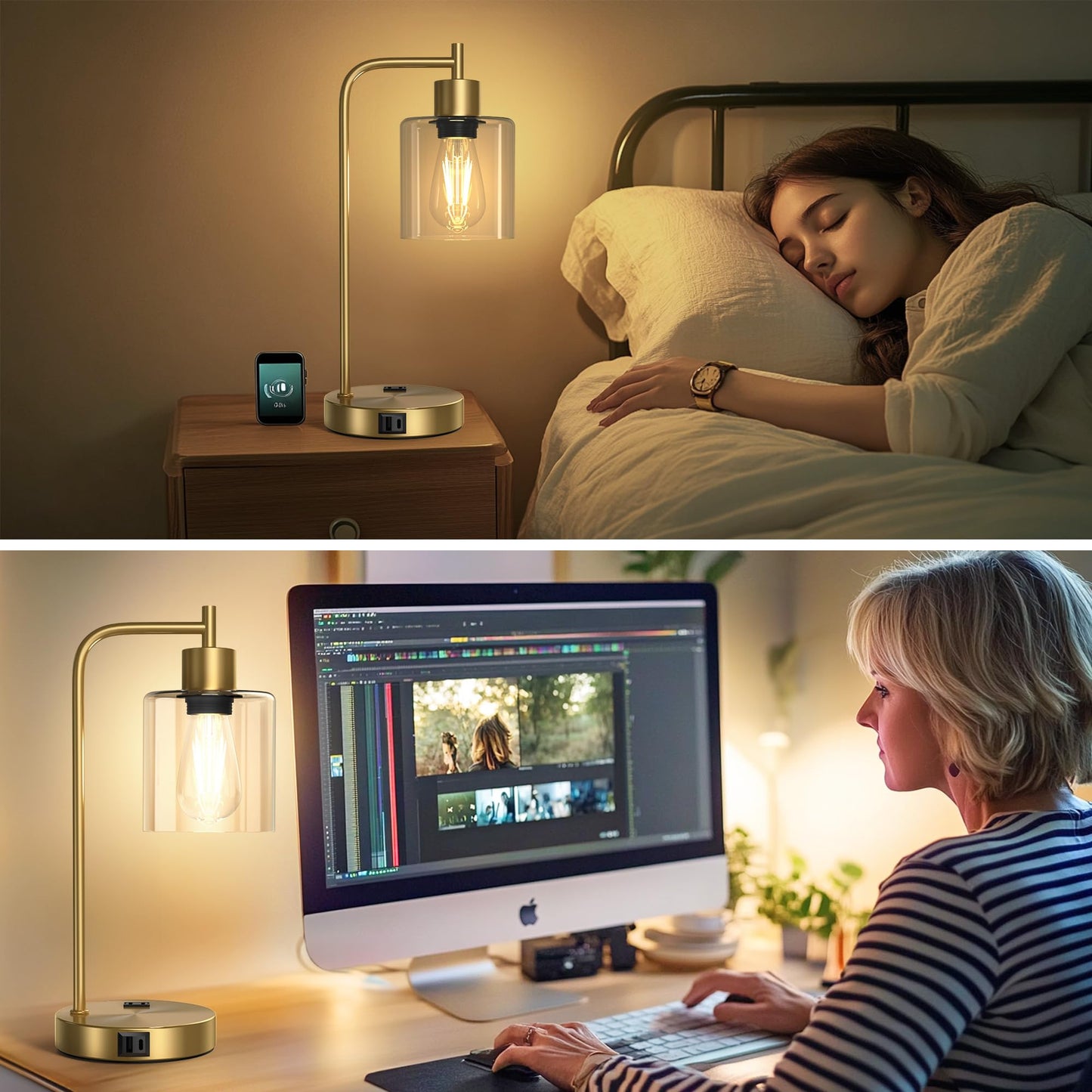 ROTTOGOON Touch Control Table Lamps Set of 2 with 2 USB Ports + 2 AC Outlets, Dimmable Bedside Nightstand Reading Lamps with 2700K LED Bulbs