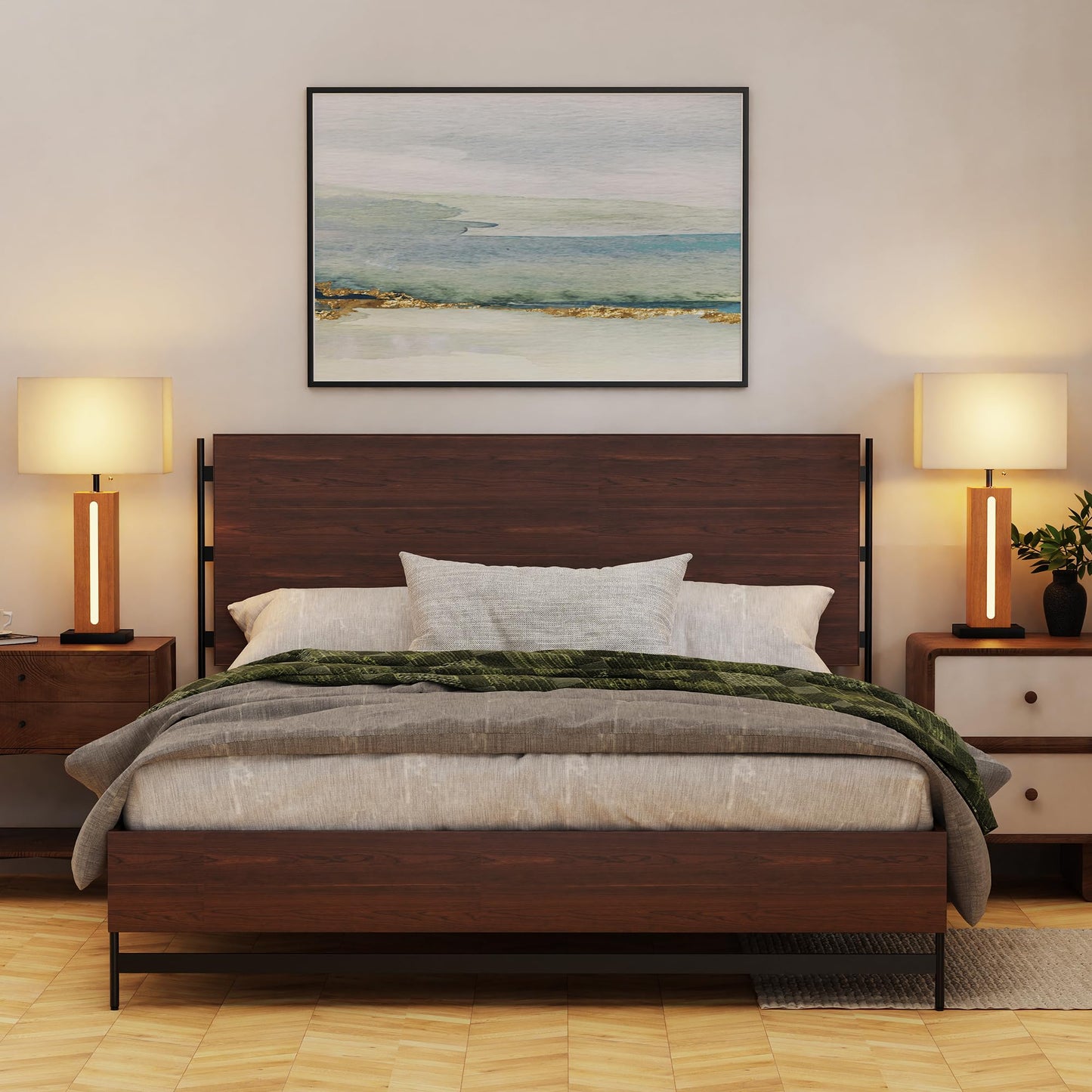 ROTTOGOON Table Lamps Set of 2, Dimmable Farmhouse Square Wood Grain Nightstand Lamps with Linen Shades for Living Room Bedroom