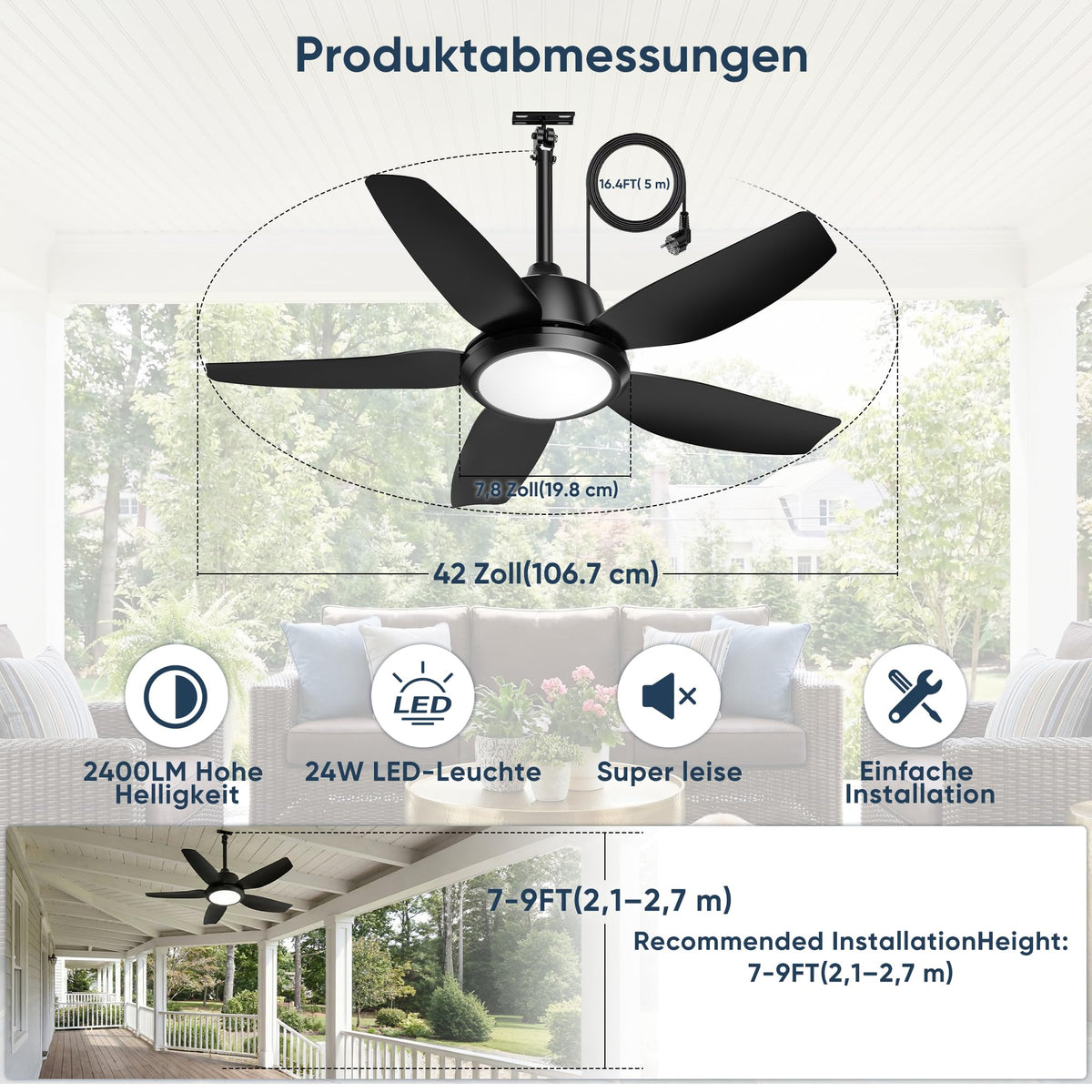 ROTTOGOON 106cm Deckenventilator mit Beleuchtung und Fernbedienung, IP65 [Energieklasse E]