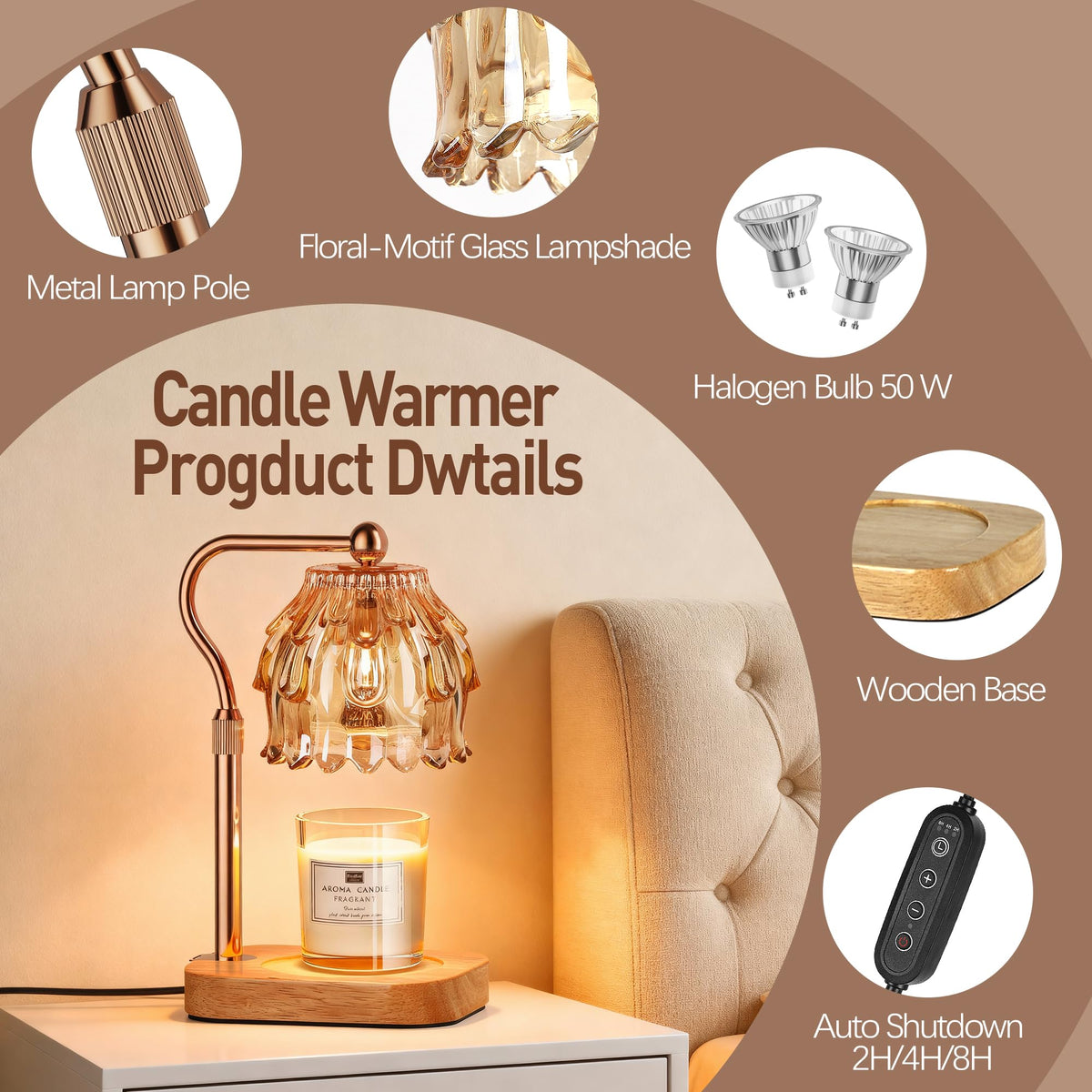 ROTTOGOON Candle Warmer Lamp Wax Melt Timer Dimmer for Housewarming Gift