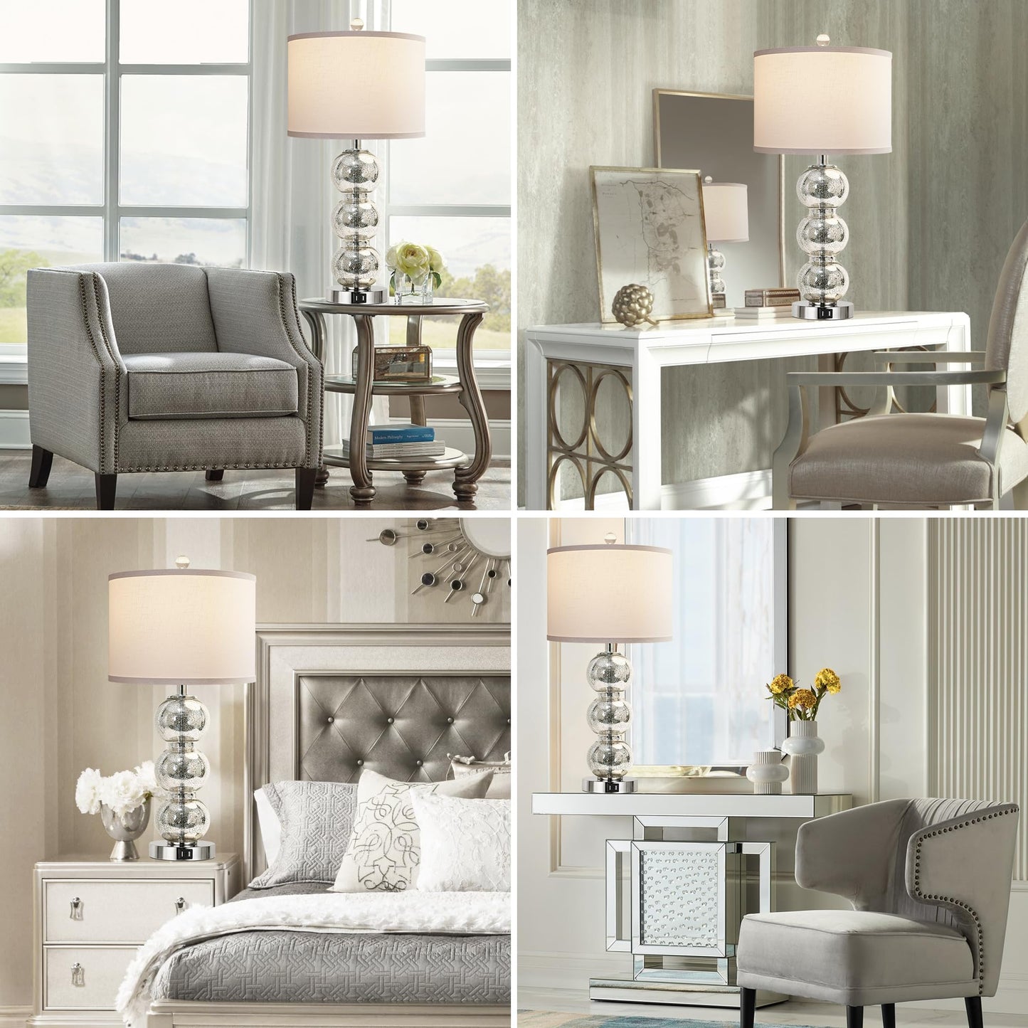 ROTTOGOON Set of 2 Table Lamps for Living Room Glass Triple-Sphere 27" Tall Bedside Desk Nightstand Lamp for Bedroom Living Room, Mercury Silver