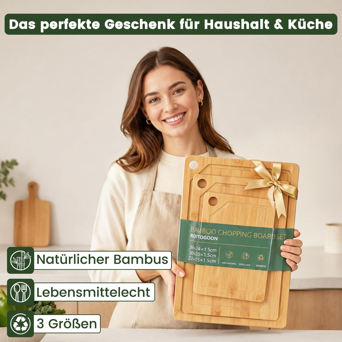 ROTTOGOON Schneidebrett Bambus 3er Set (36x24cm / 30x20cm / 22x15cm)