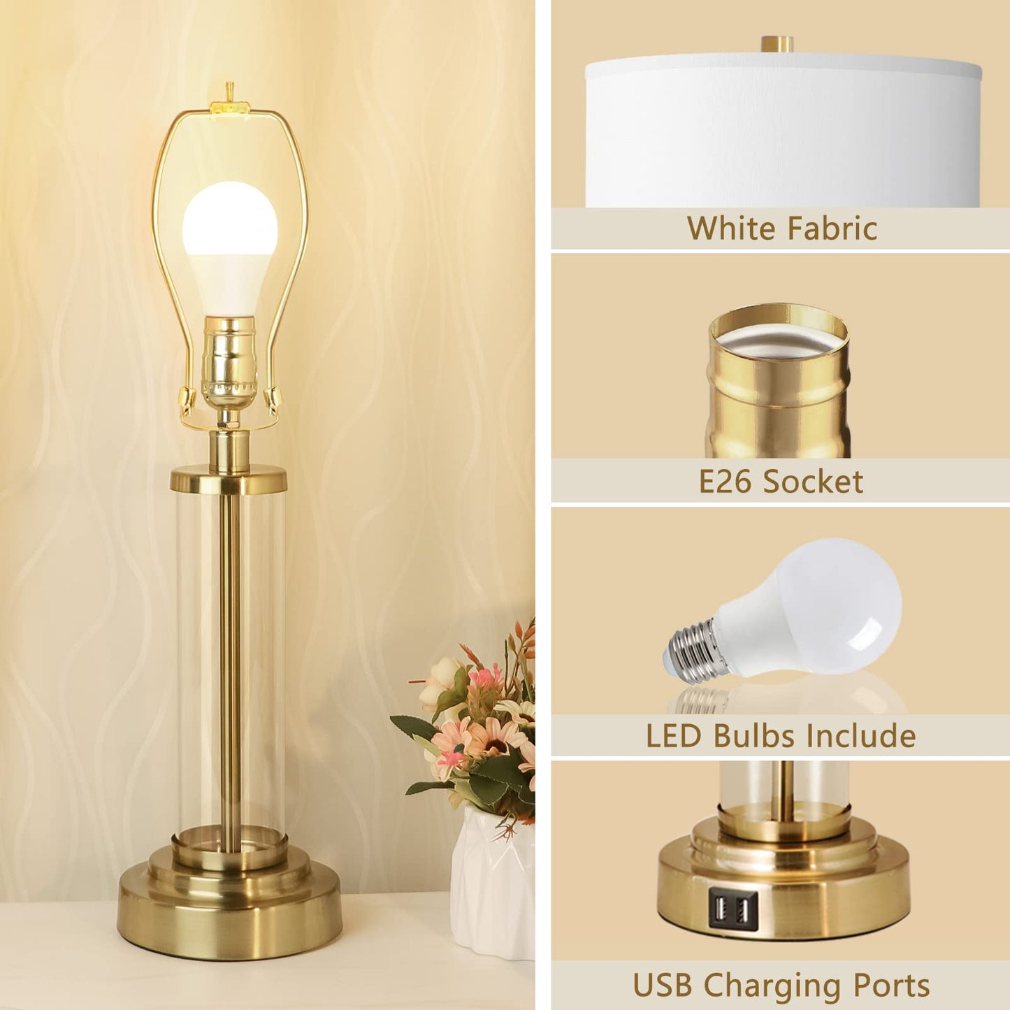 ROTTOGOON Table Lamps Set of 2, Touch Control & 3-Way Dimmable Modern Nightstand Lamp with Dual USB Ports & Lampshade for Living Room Bedroom