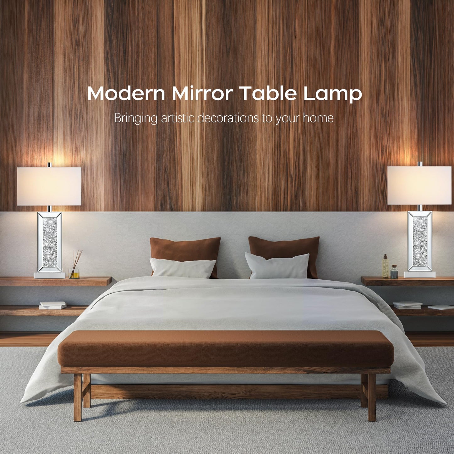 ROTTOGOON Modern Table Lamp Set of 2 Touch Control, Silver Mirror Dimmable Lamp with USB C+A Ports& White Fabric Shade for Living Room Bedroom