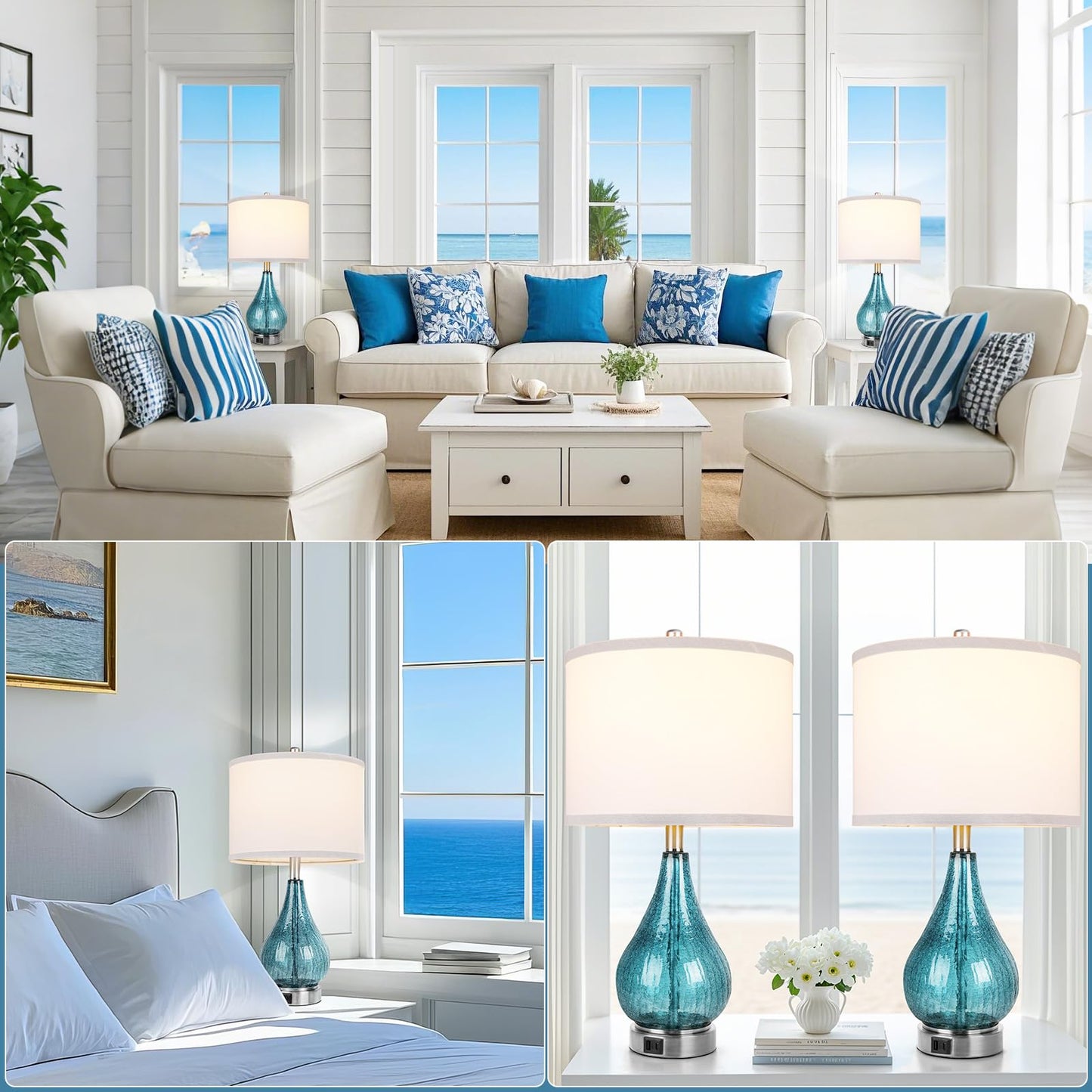 ROTTOGOON Glass Table Lamp for Living Room Bedroom Set of 2, Dimmable Modern Bedside Lamps for Home Decor with White Fabric Shade