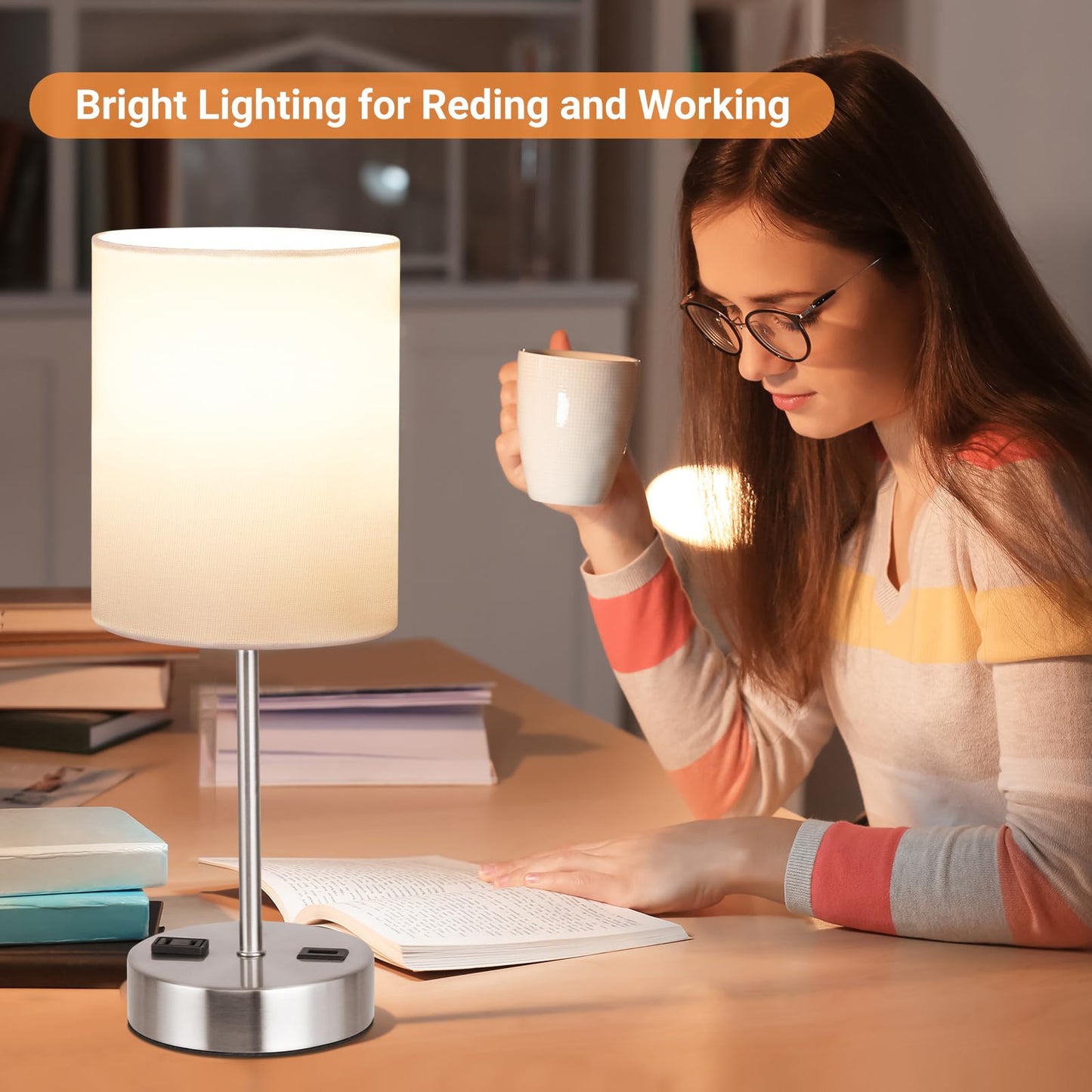 ROTTOGOON Touch Table Lamps Set of 2 with USB Port & Power Outlet, Dimmable Desk Lamp for Living Room Nursery Room, Bulbs Included, White